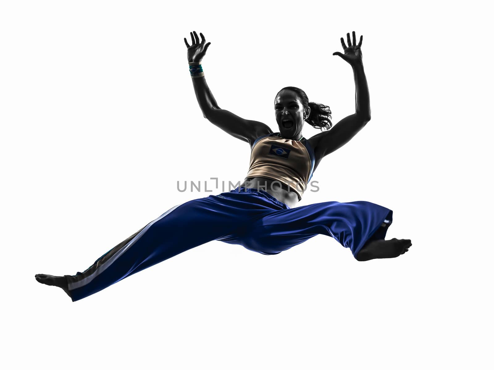 one caucasian woman capoeira dancer dancing in silhouette studio isolated on white background