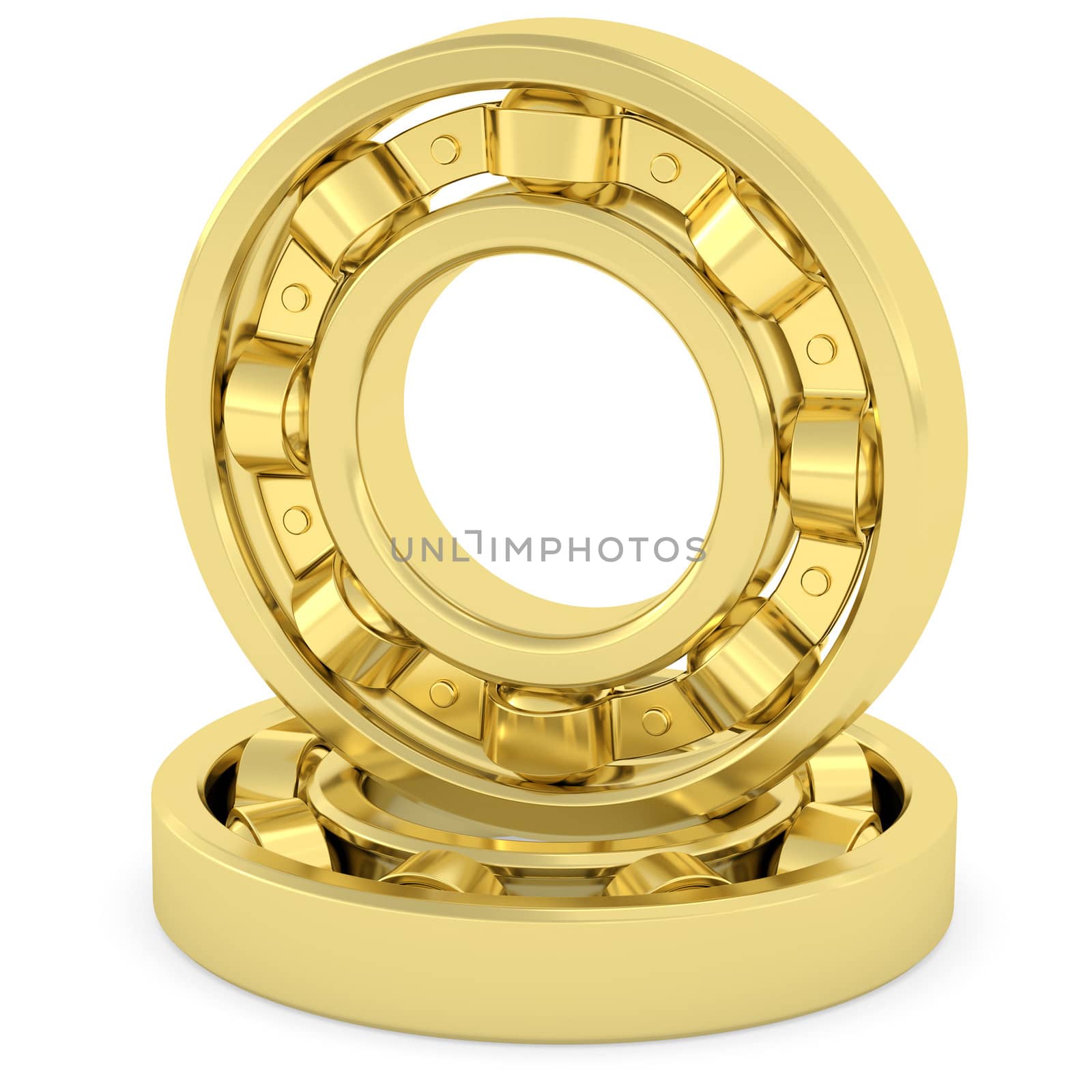 Golden bearings on white background. High resolution 3D image rendered with soft shadows