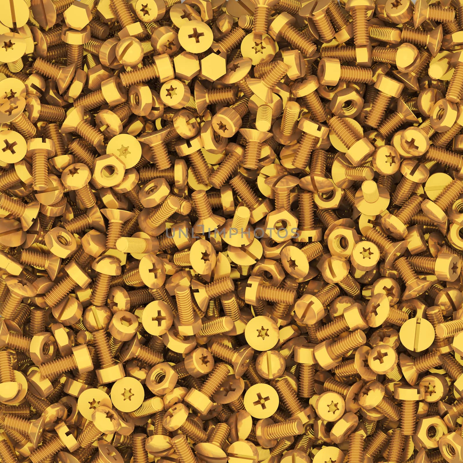 Background of multiple gold bolts and nuts. High resolution 3D image