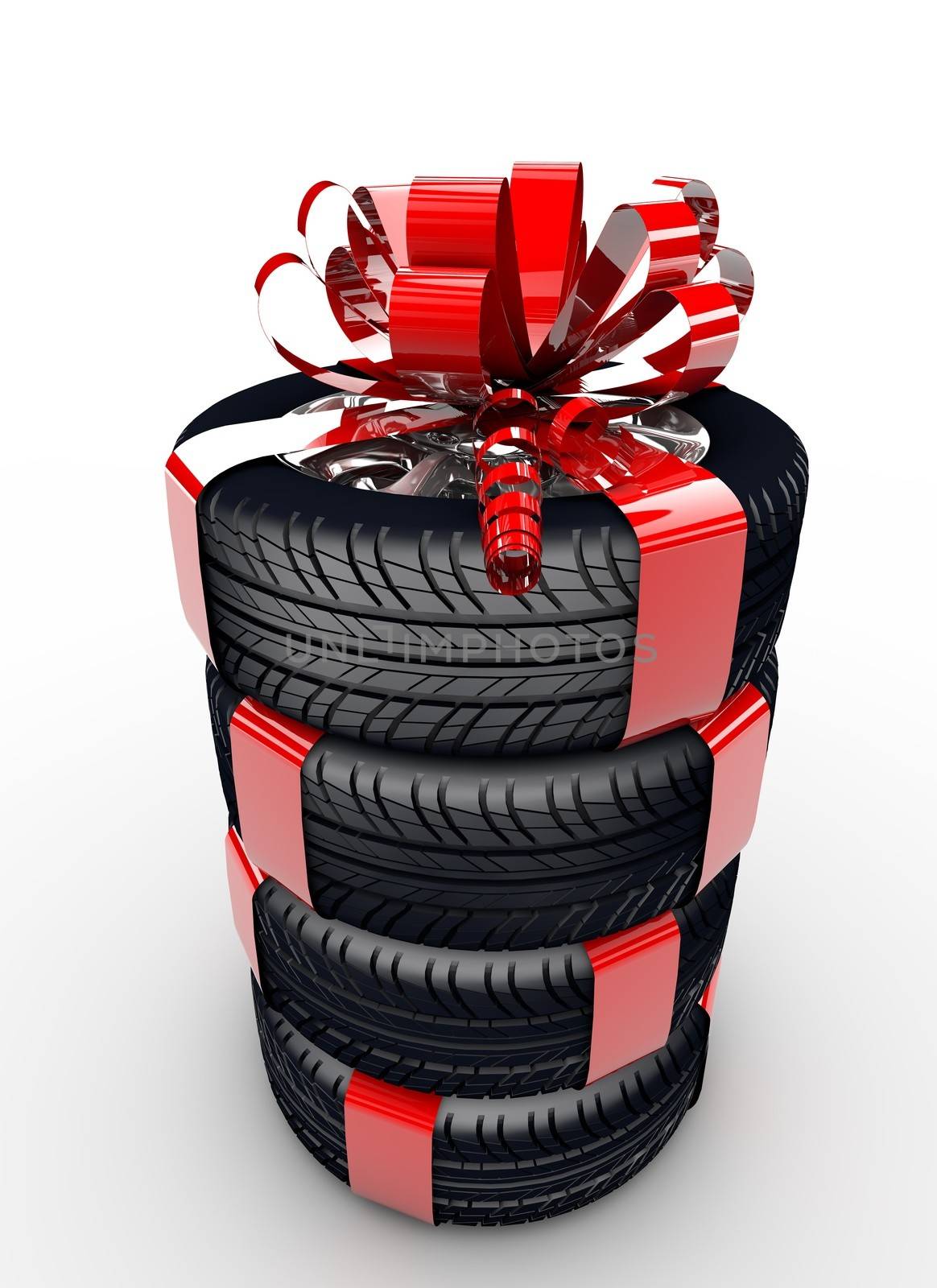 Four tyres with a red ribbon like a present