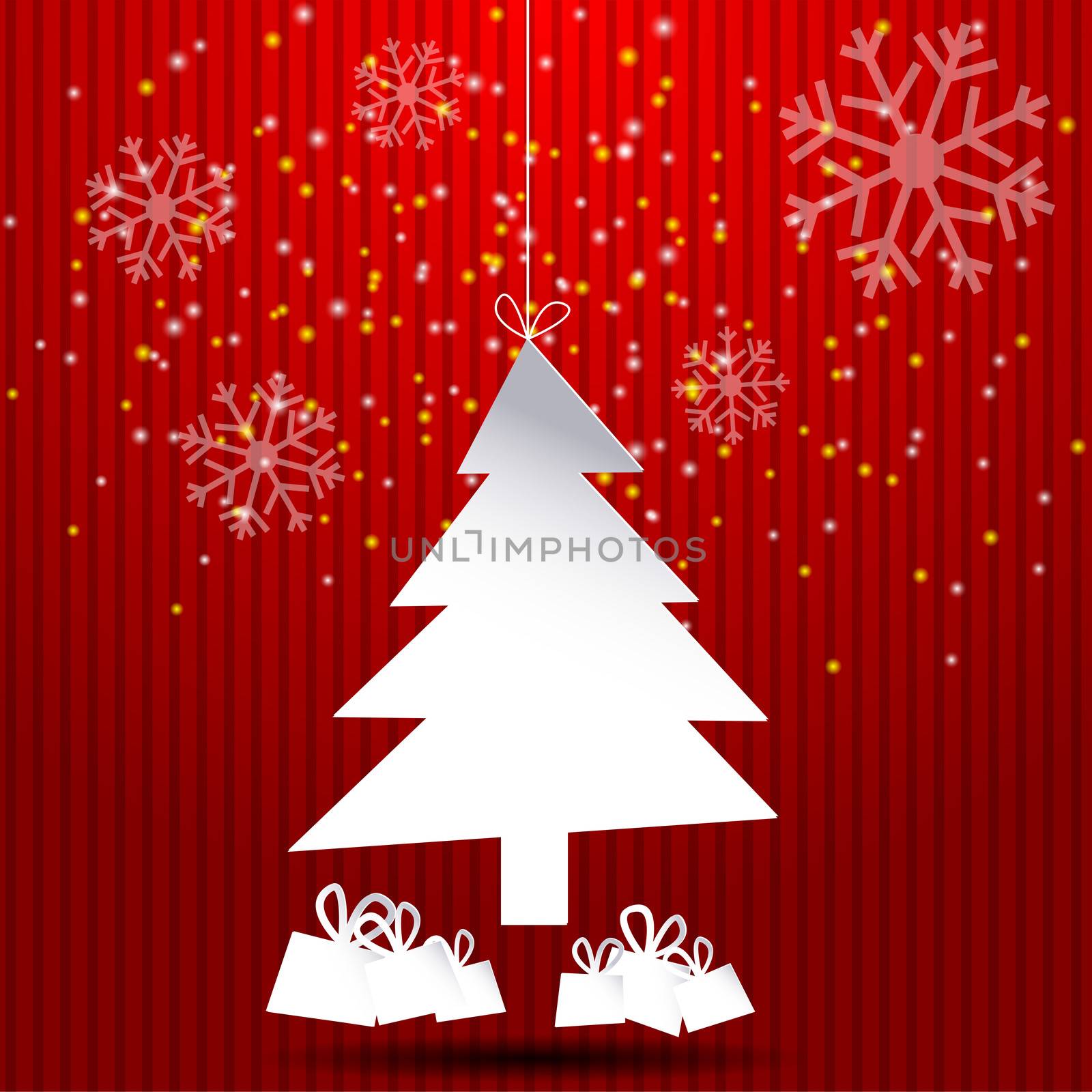 Red christmas card with abstract white tree
