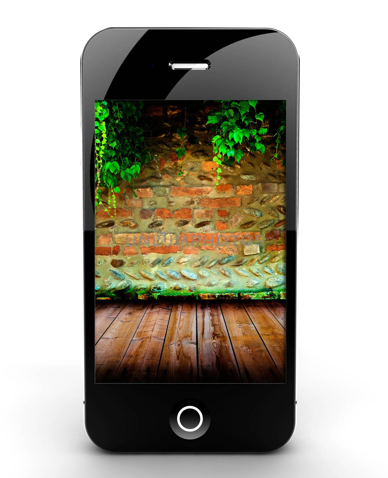 A smartphone isolated on a white background with brick wall and ivy