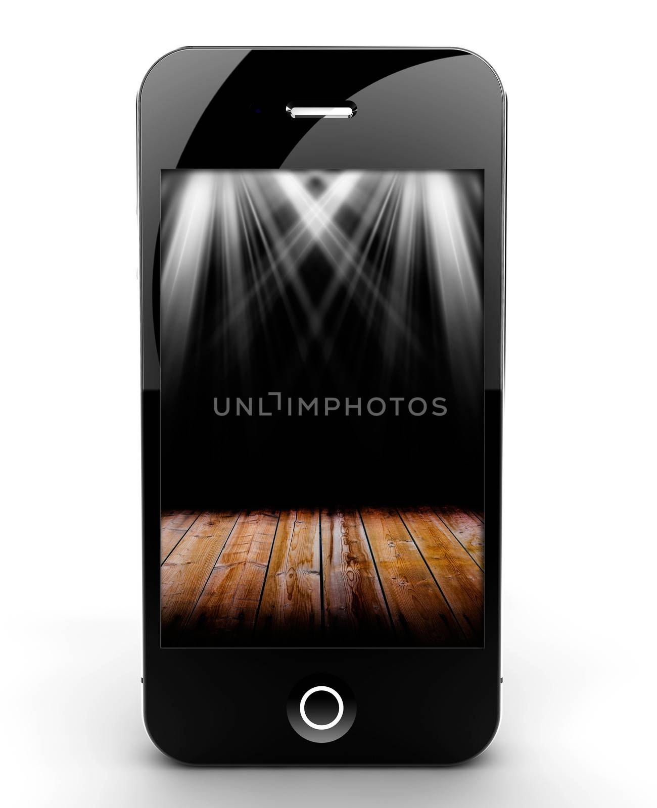 A smartphone isolated on a white background with lights on screen