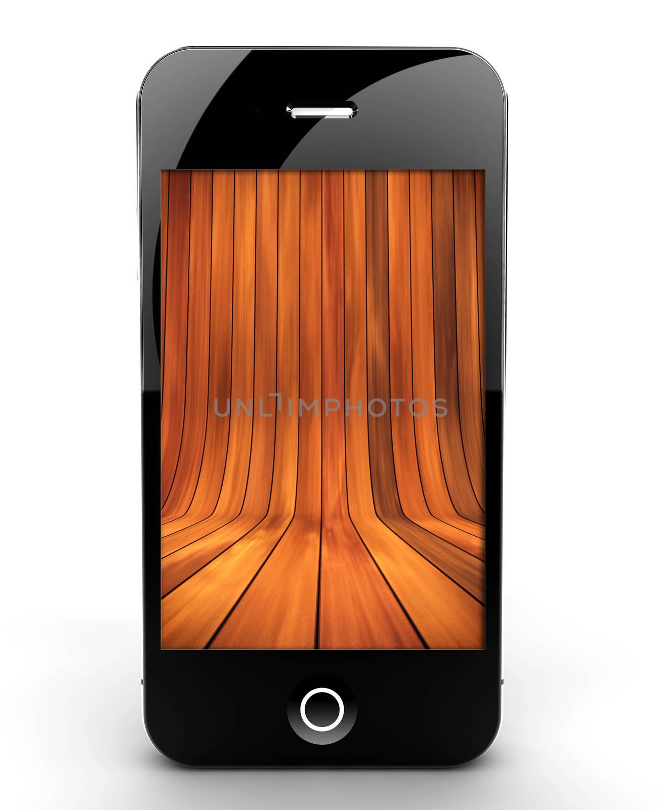A smartphone isolated on a white background with wooden stage