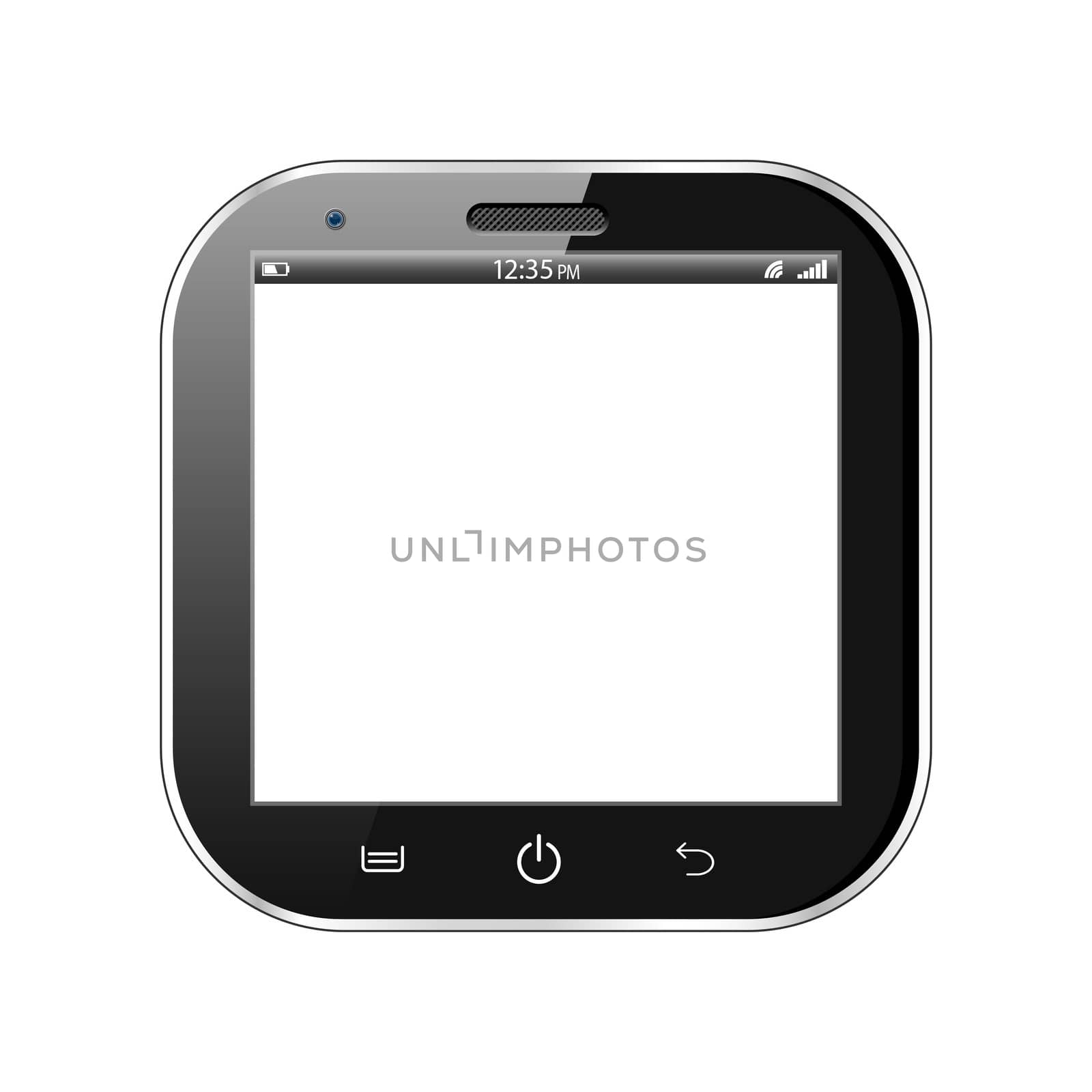A black realistic square smartphone isolated on a white background