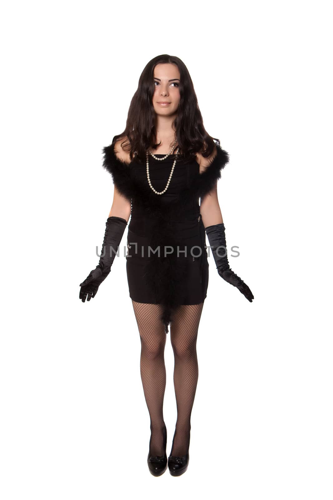 Young woman in retro clothes dancing charleston, on a white background