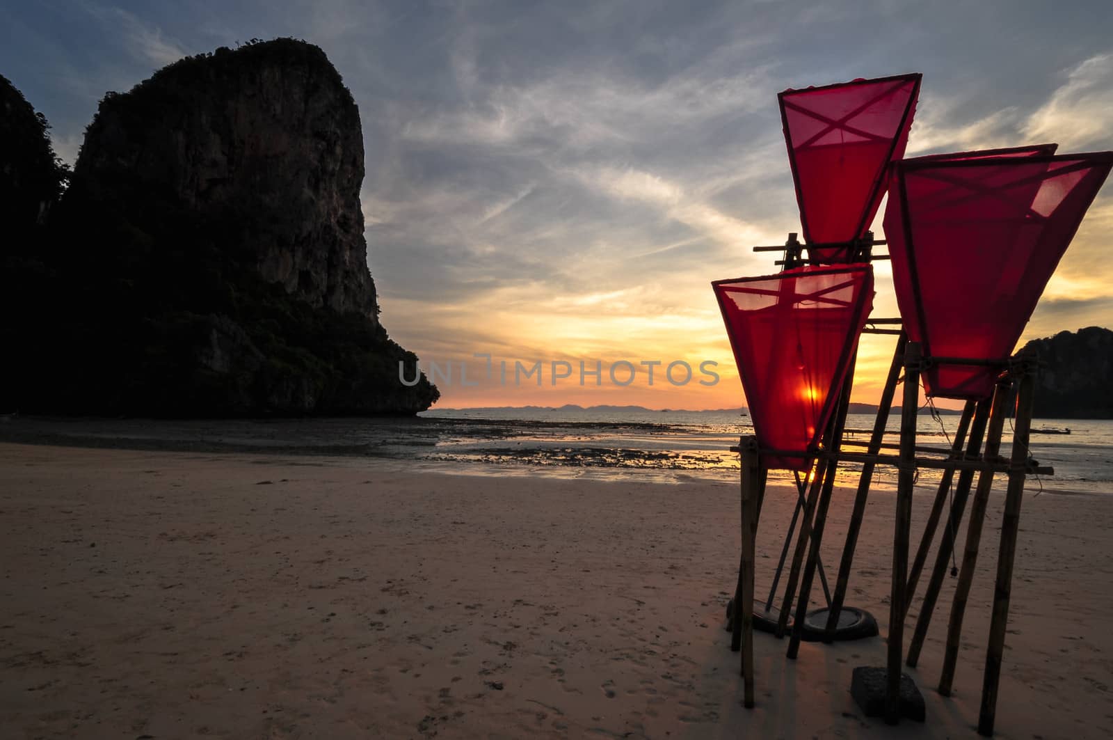 Perfect bay on Railay beach sunset  in Krabi Thailand , Asia.