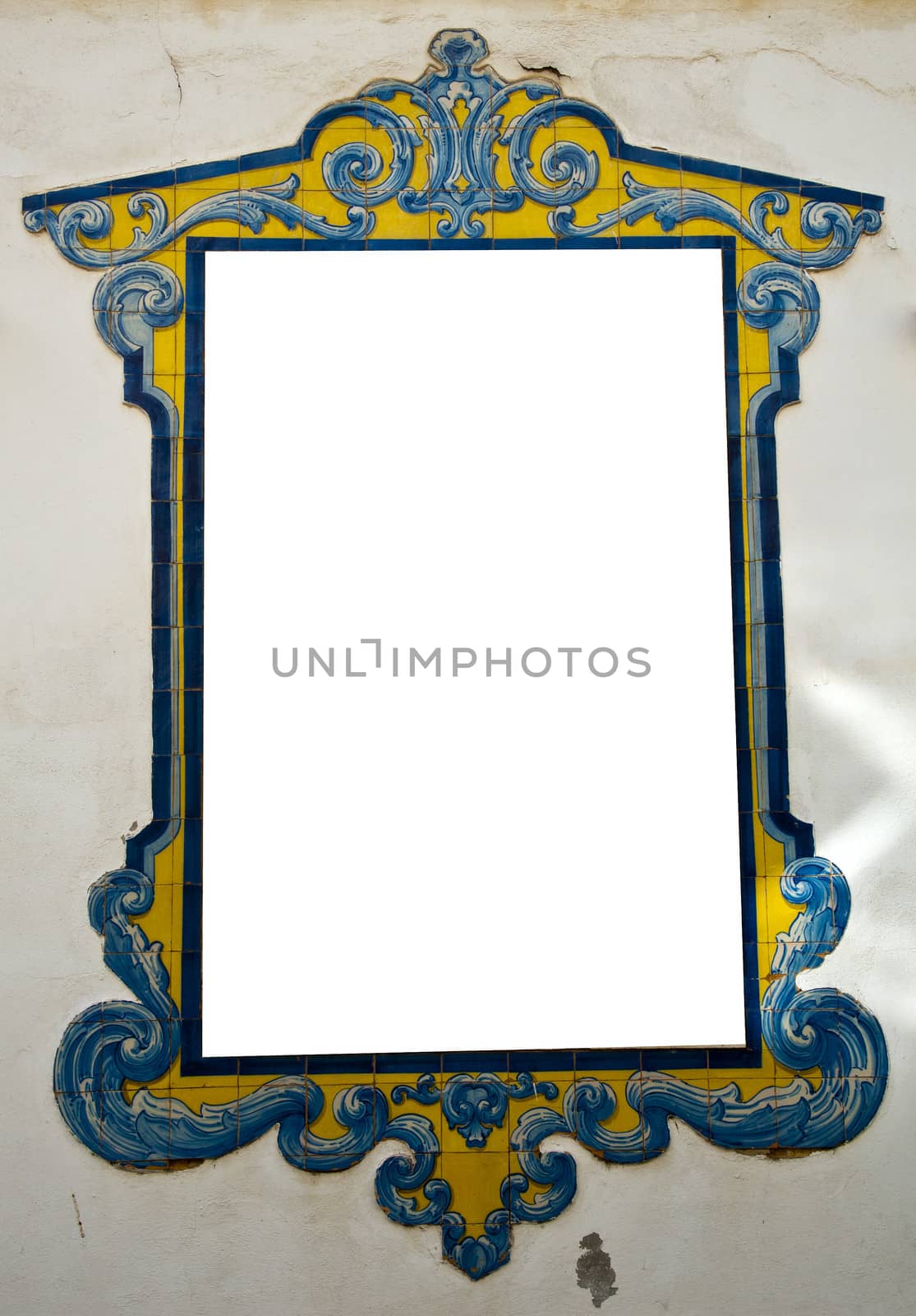 White copyspace in a blue and yellow window frame