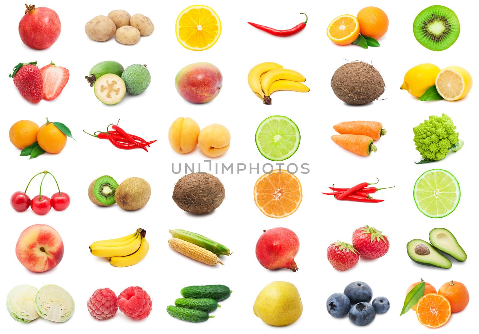 Collection of various fruits and vegetables isolated on white background