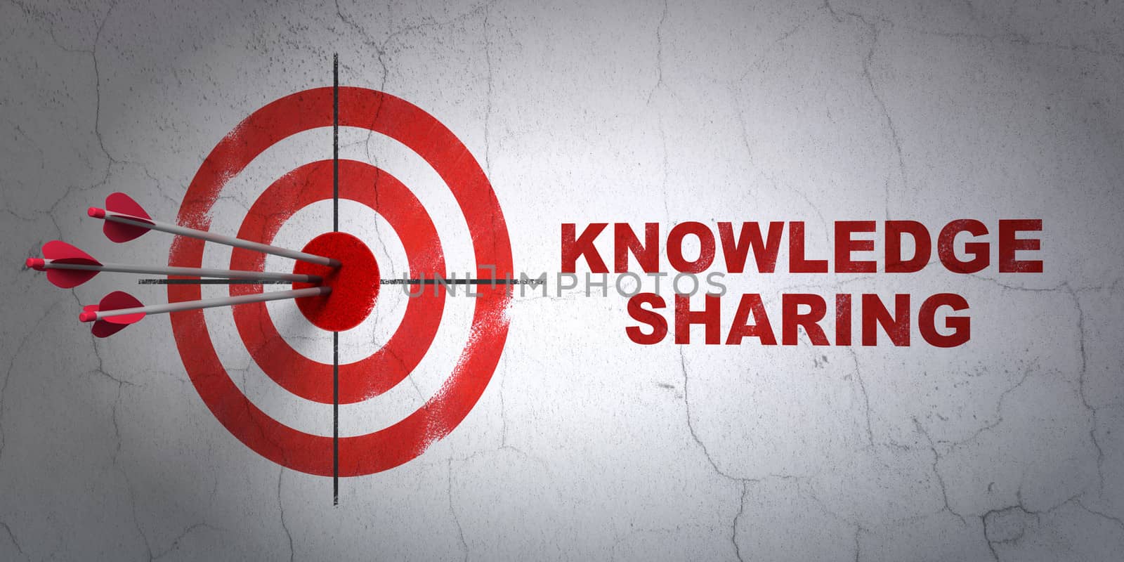 Success Education concept: arrows hitting the center of target, Red Knowledge Sharing on wall background, 3d render