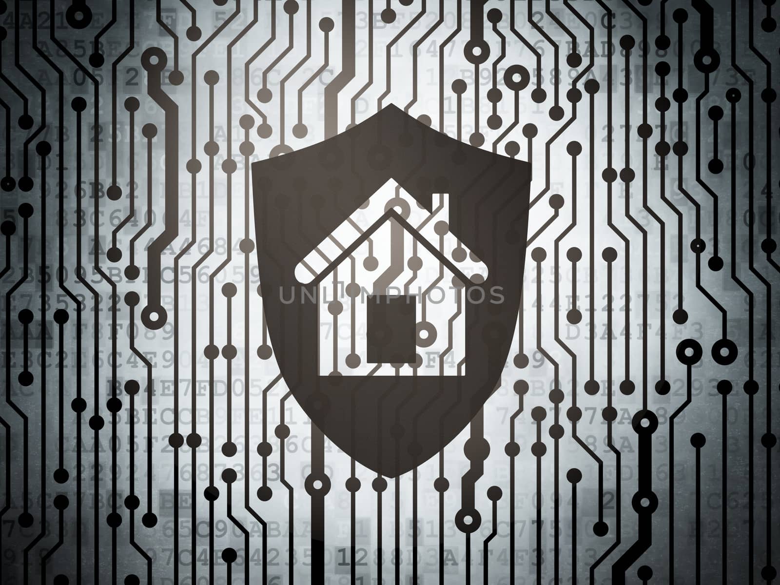 Protection concept: circuit board with  Shield icon, 3d render