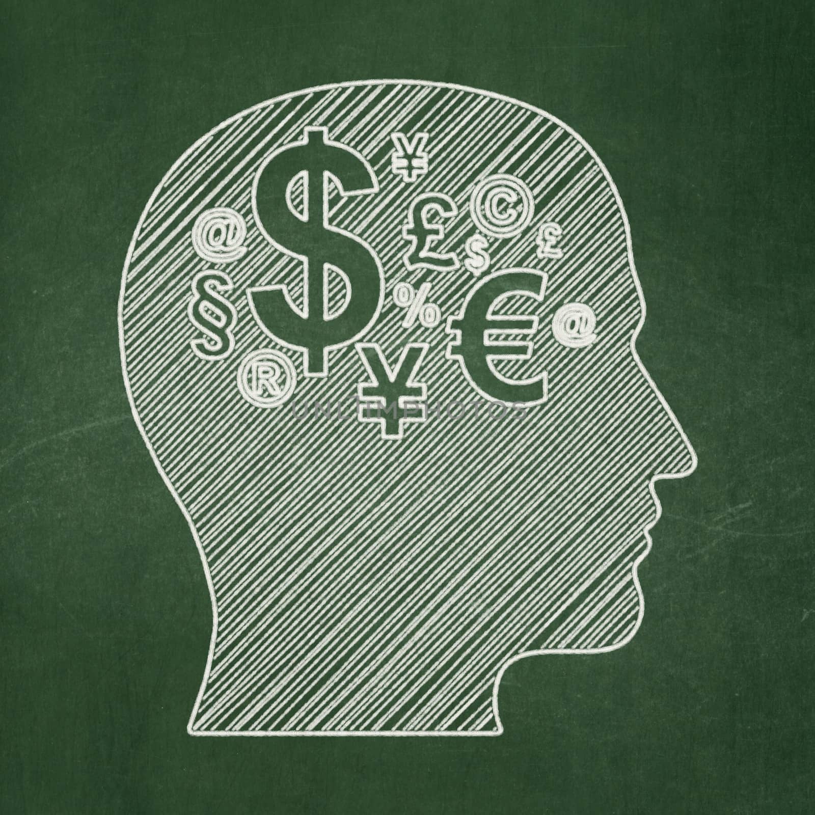 Education concept: Head With Finance Symbol icon on Green chalkboard background, 3d render