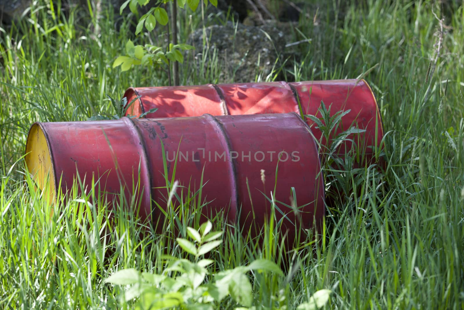 Oil barrels on the green grass