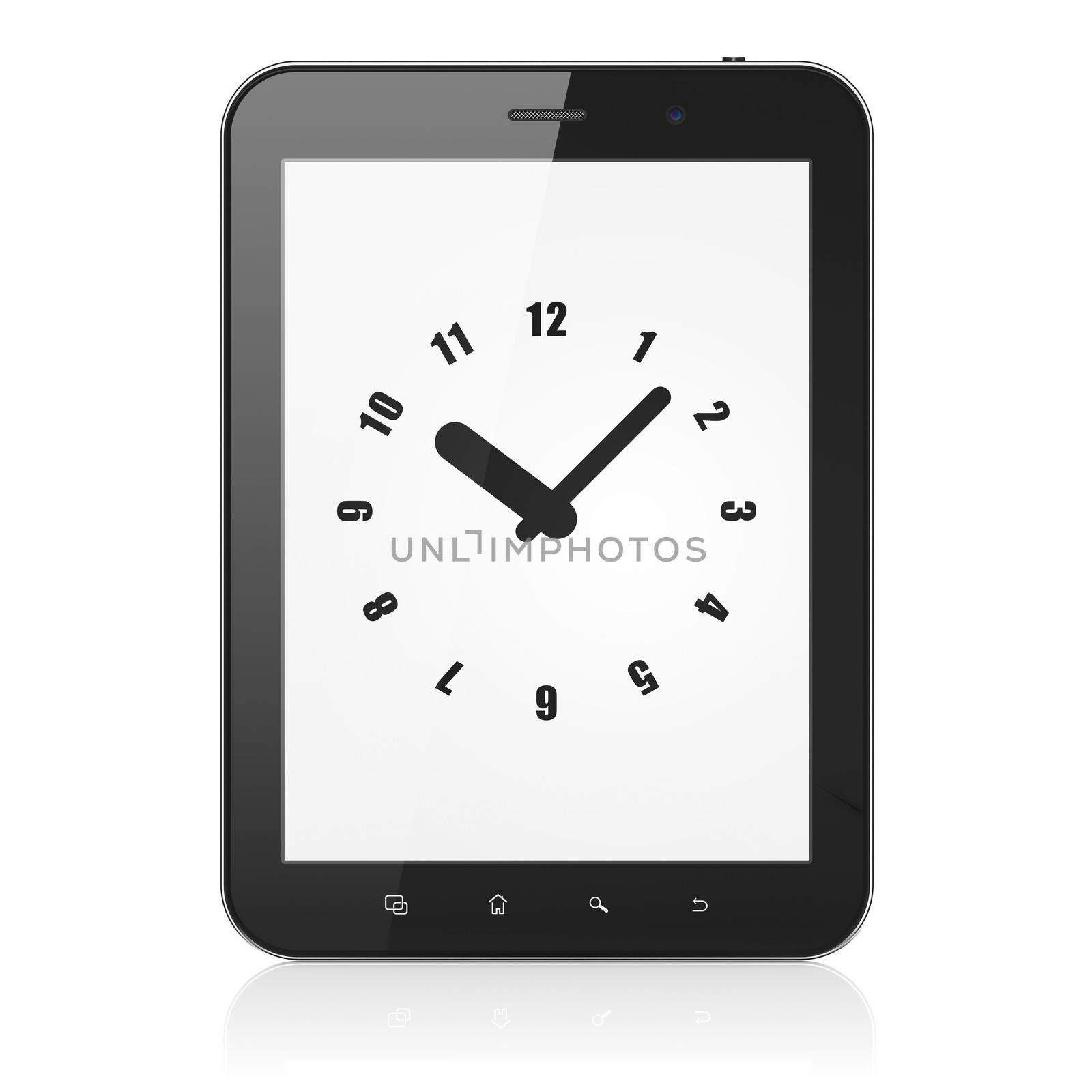 Time concept: black tablet pc computer with Clock icon on display. Modern portable touch pad on White background, 3d render