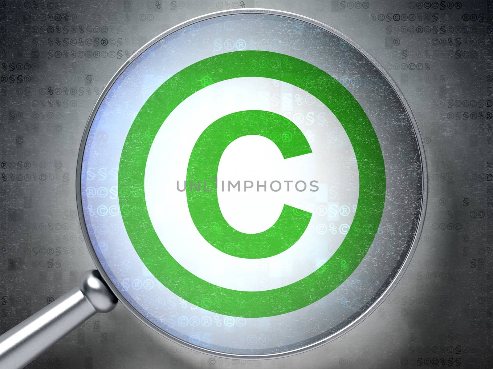 Law concept: magnifying optical glass with Copyright icon on digital background, 3d render