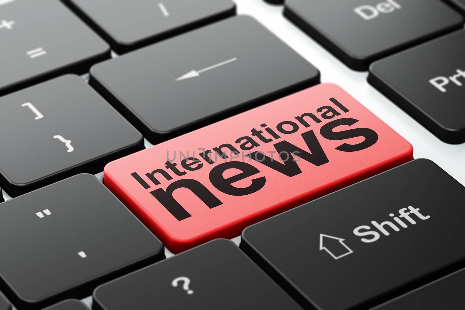 News concept: computer keyboard with word International News, selected focus on enter button background, 3d render