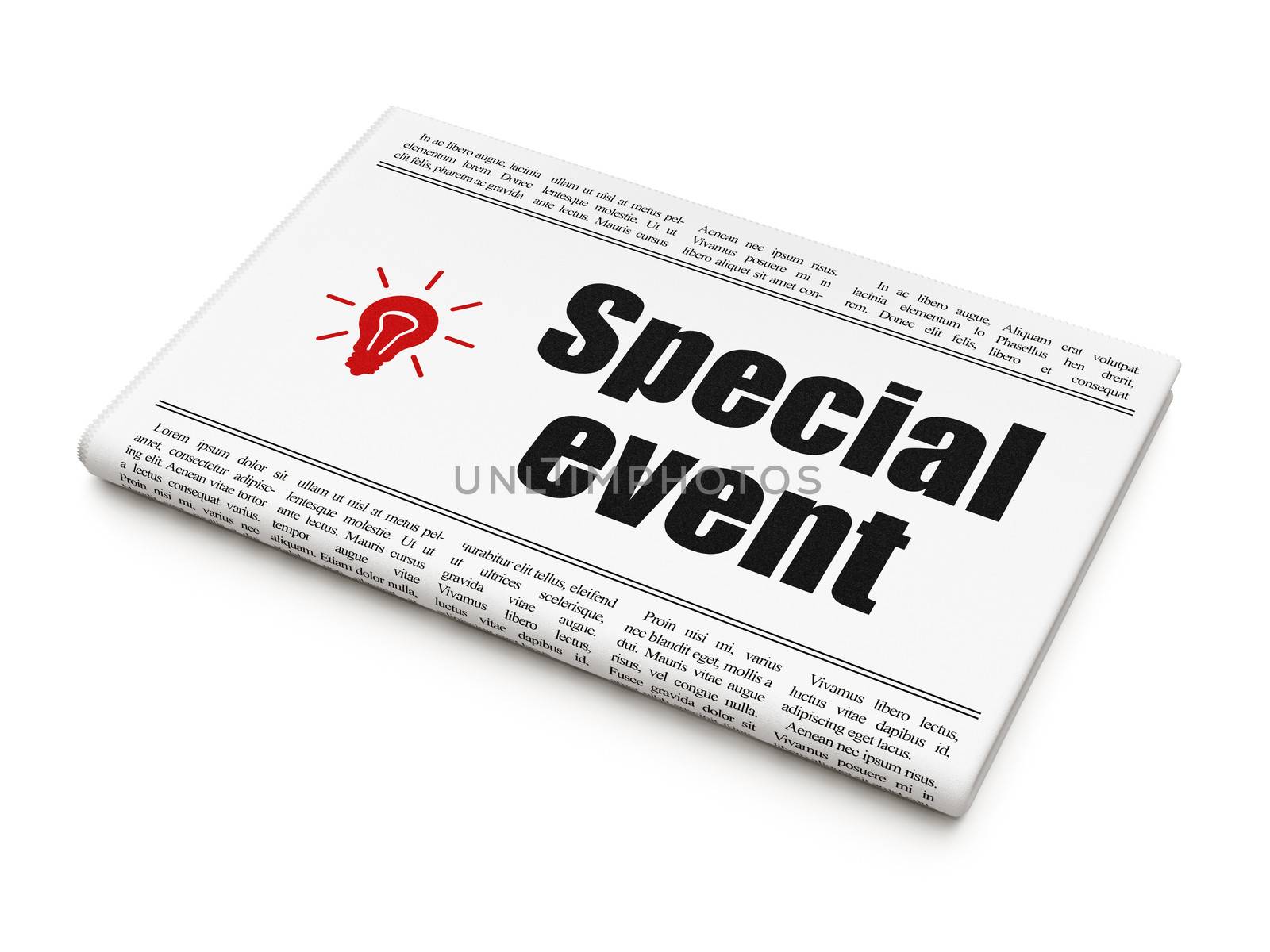 Finance concept: newspaper headline Special Event and Light Bulb icon on White background, 3d render