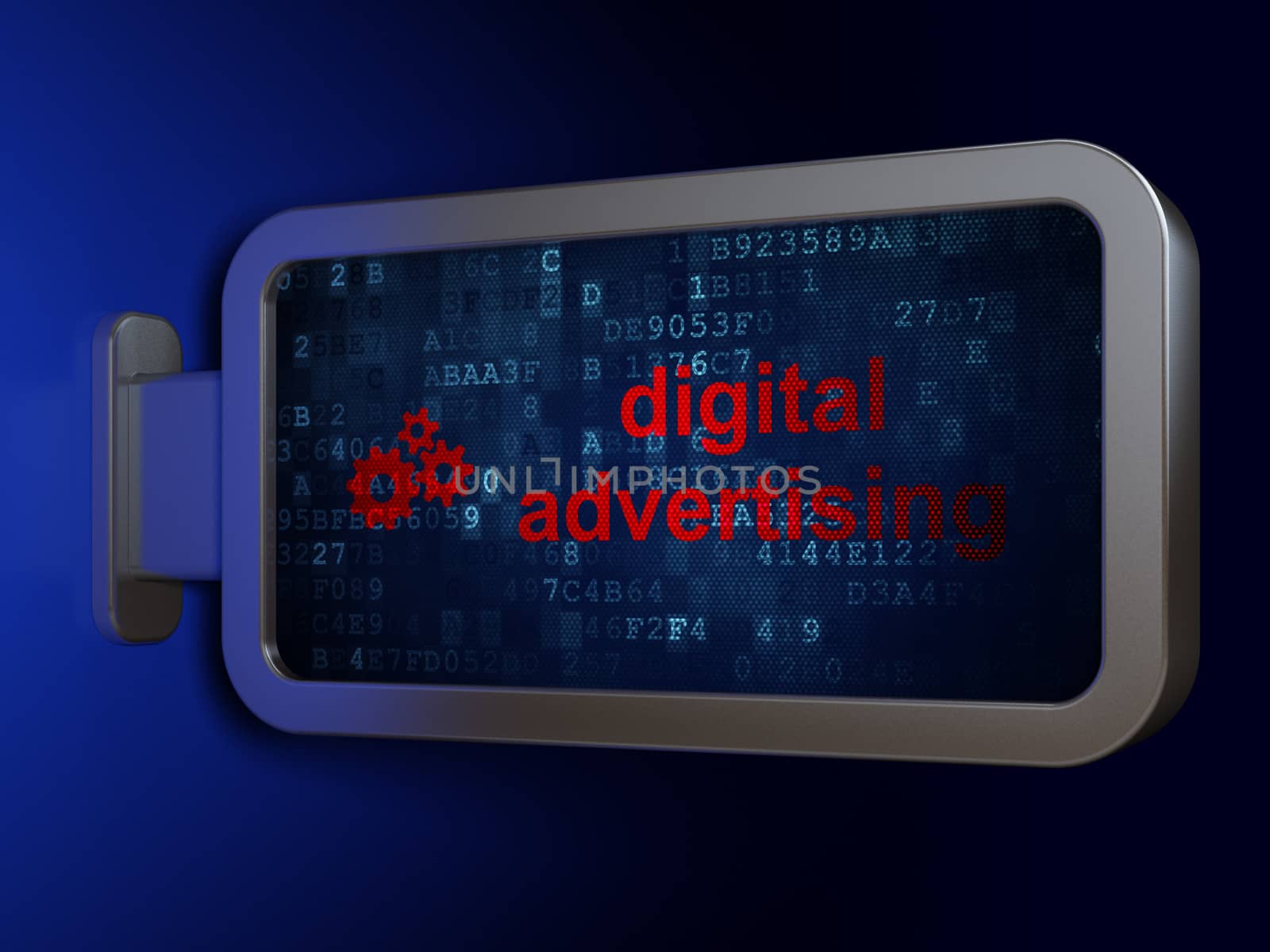 Advertising concept: Digital Advertising and Gears on advertising billboard background, 3d render