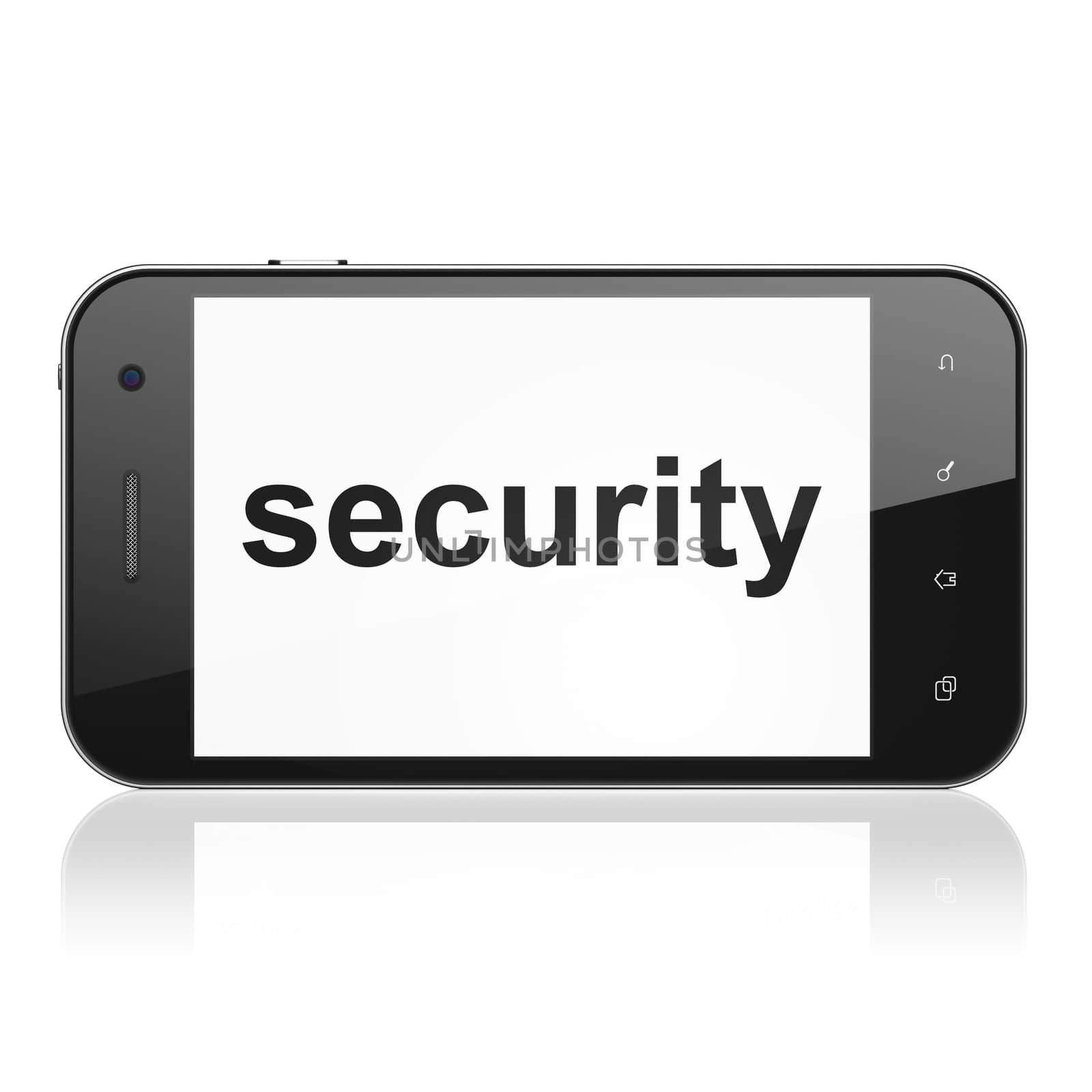 Safety concept: smartphone with text Security on display. Mobile smart phone on White background, cell phone 3d render