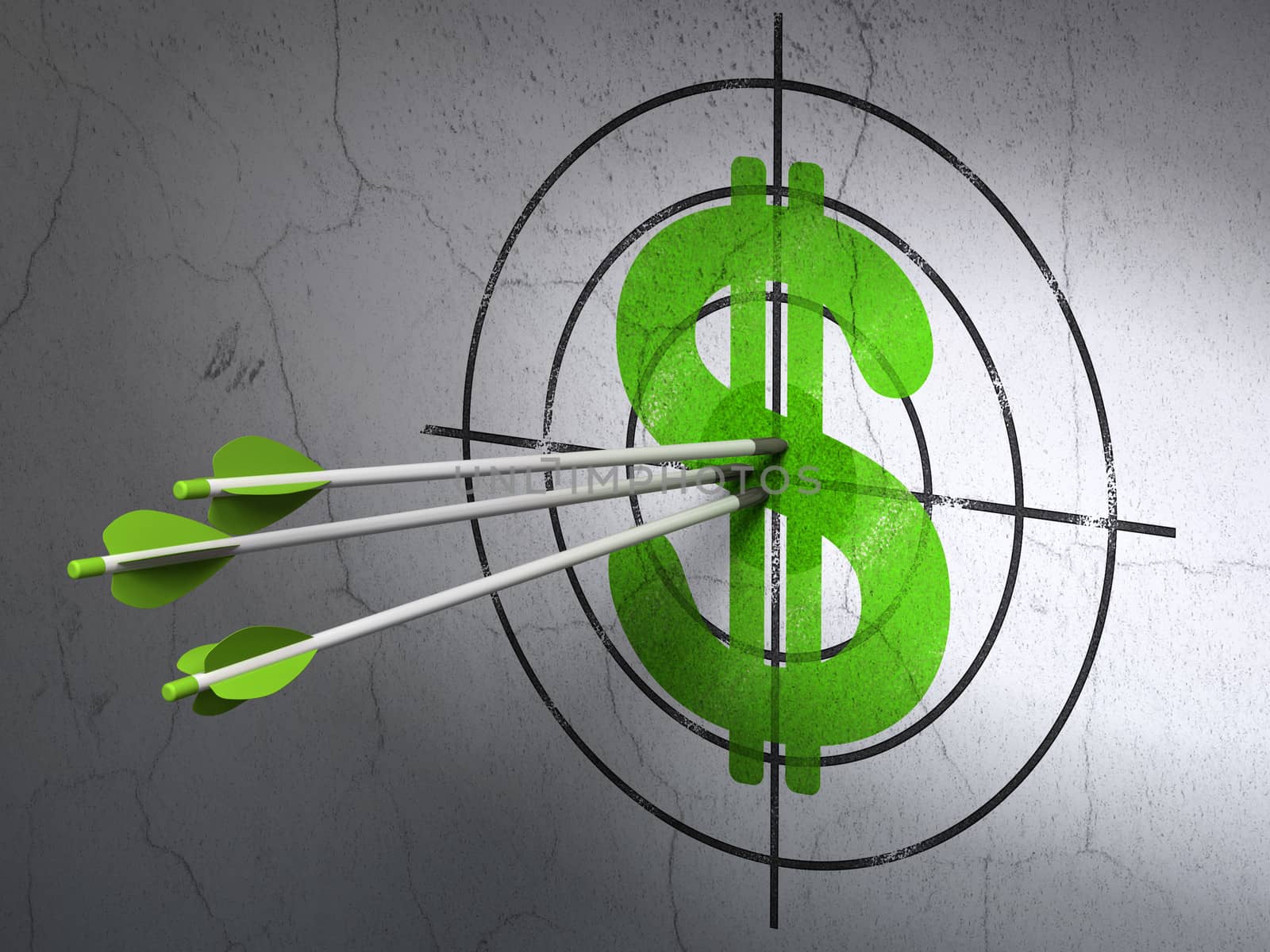 Success currency concept: arrows hitting the center of Green Dollar target on wall background, 3d render