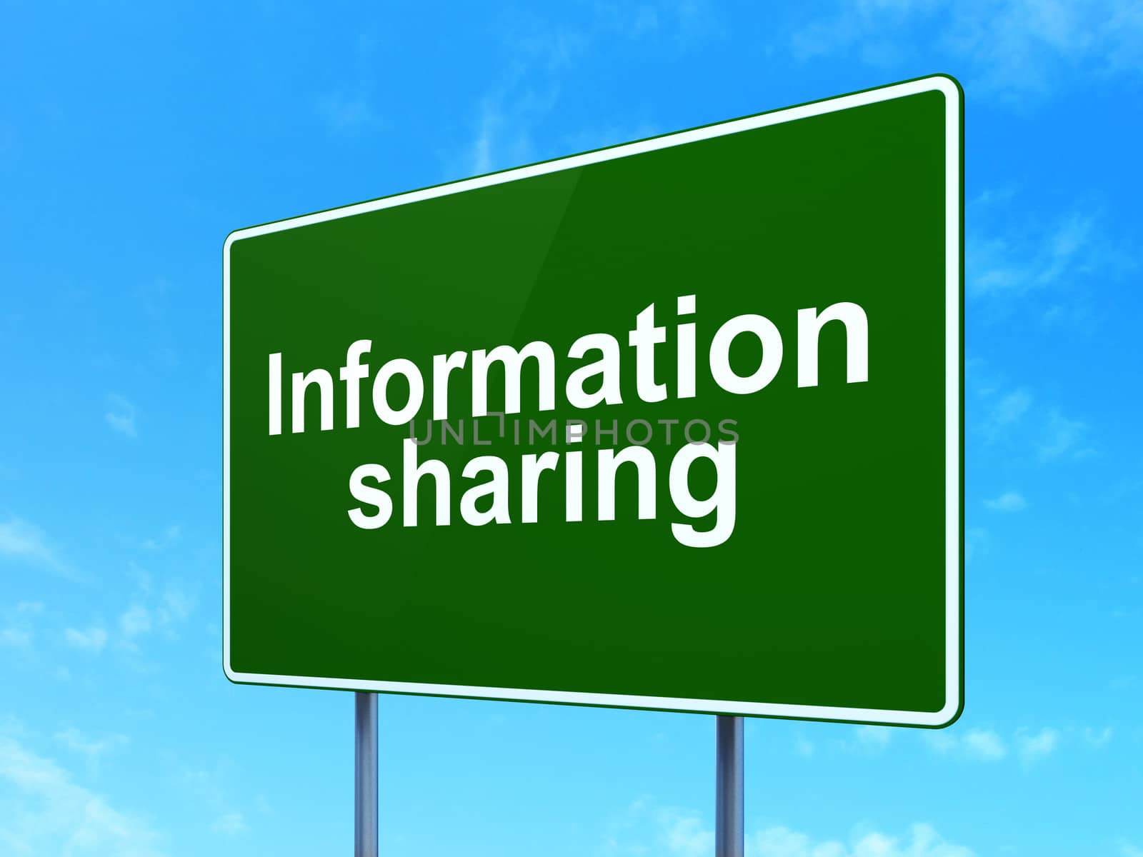 Information concept: Information Sharing on green road (highway) sign, clear blue sky background, 3d render