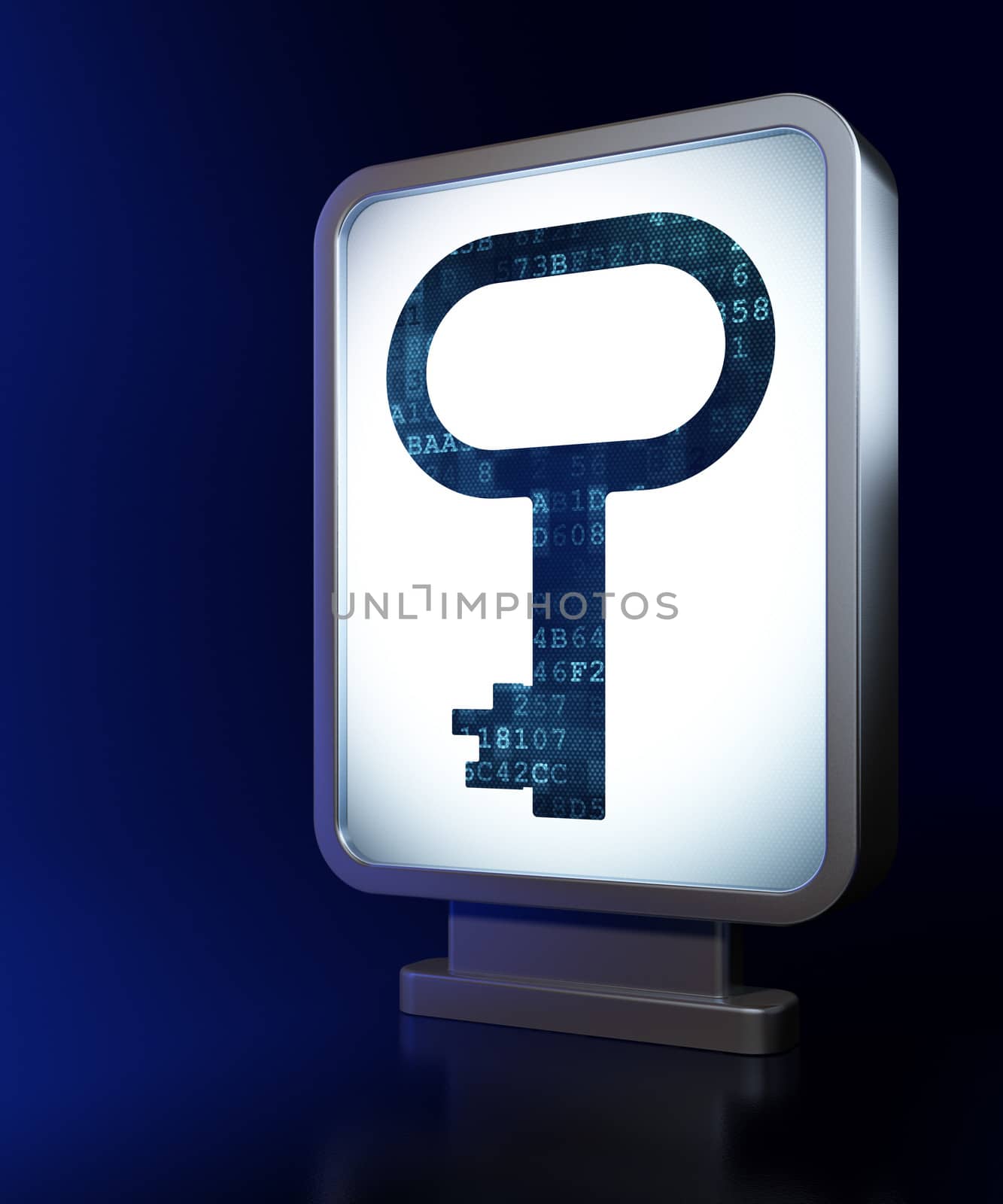 Security concept: Key on advertising billboard background, 3d render