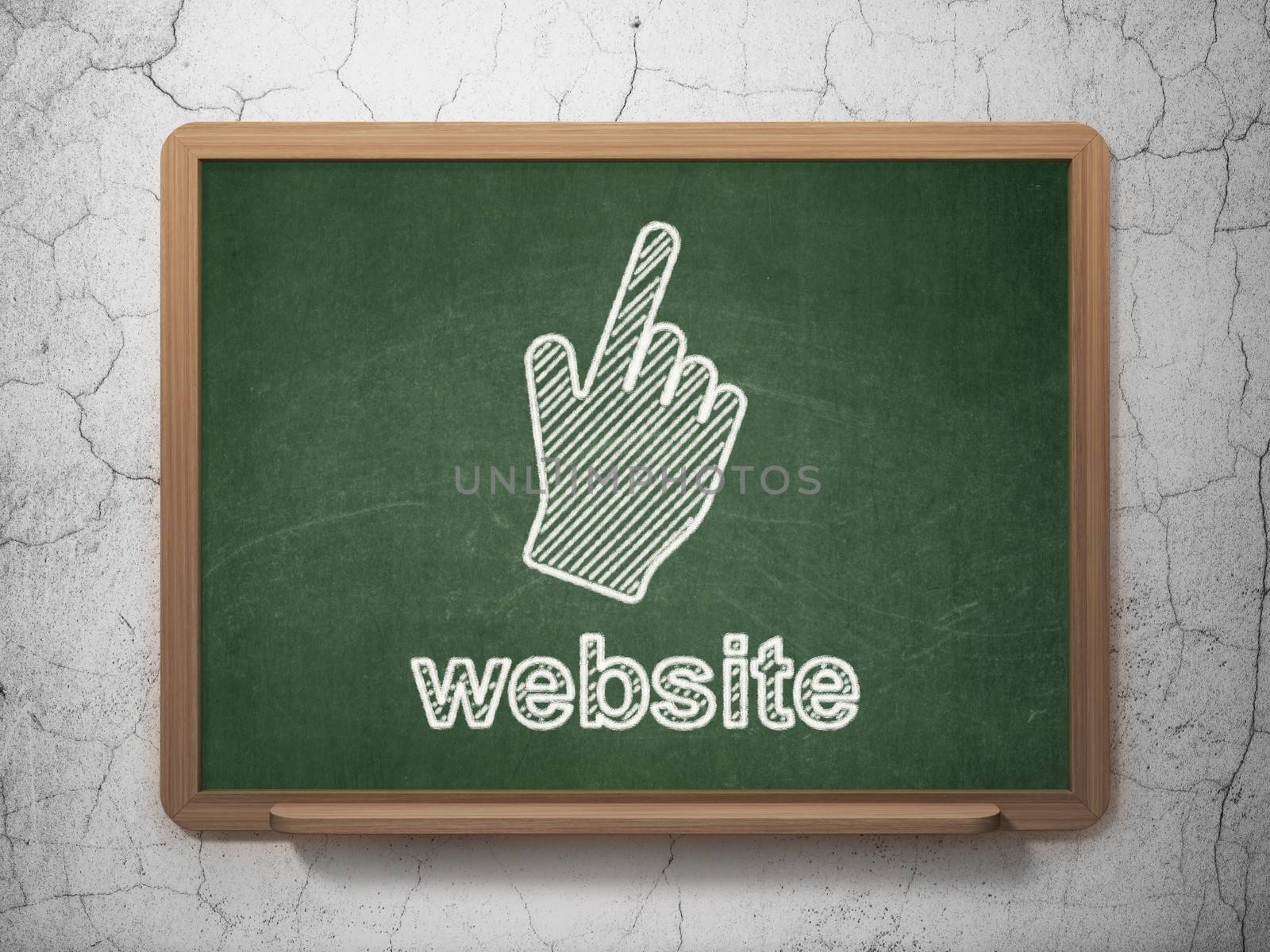 Web development concept: Mouse Cursor icon and text Website on Green chalkboard on grunge wall background, 3d render