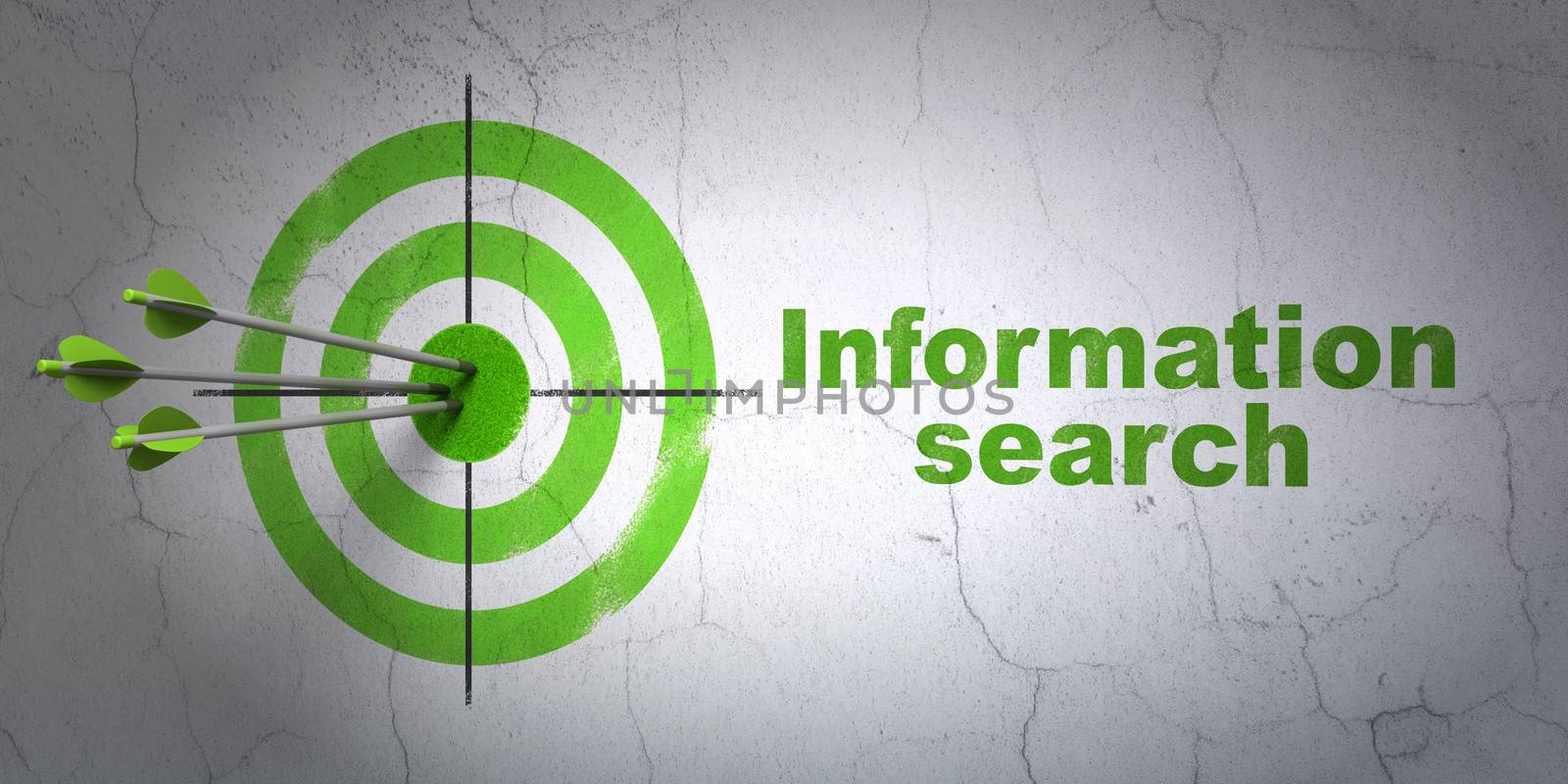 Success Information concept: arrows hitting the center of target, Green Information Search on wall background, 3d render