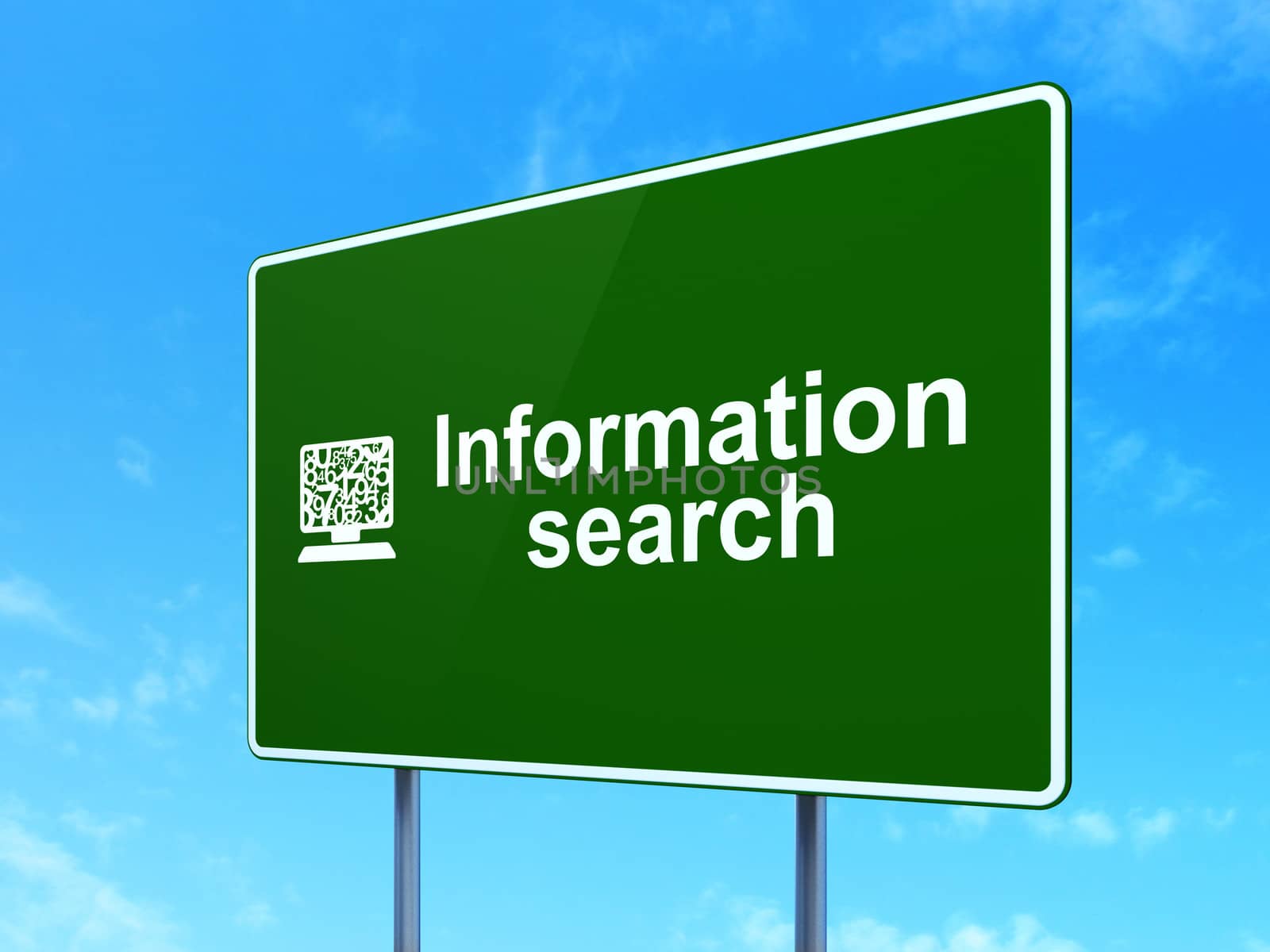 Data concept: Information Search and Computer Pc icon on green road (highway) sign, clear blue sky background, 3d render