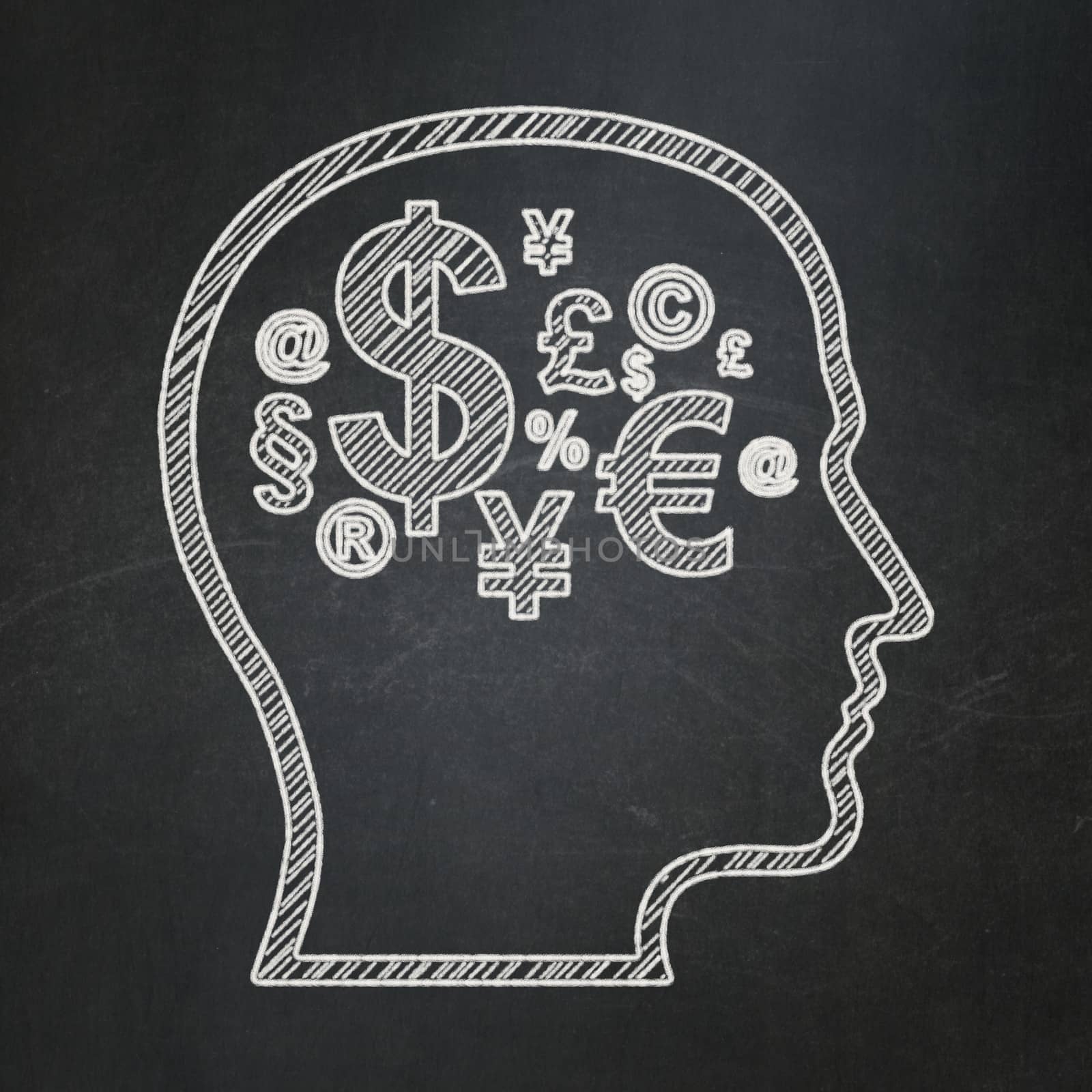 Education concept: Head With Finance Symbol icon on Black chalkboard background, 3d render