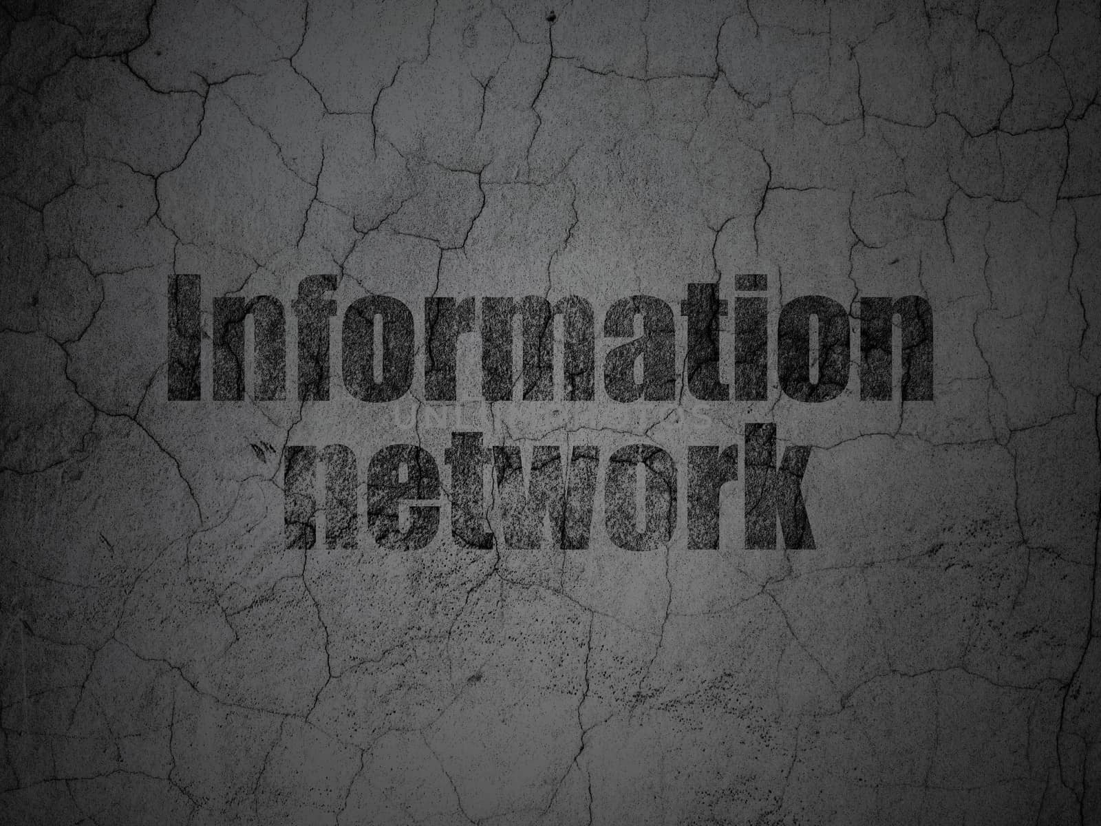 Information concept: Black Information Network on grunge textured concrete wall background, 3d render