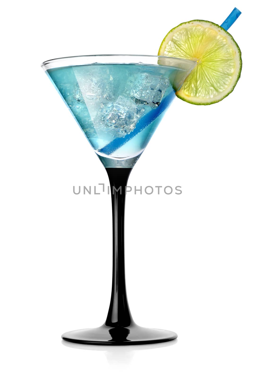 Blue cocktail with lime and ice isolated on white