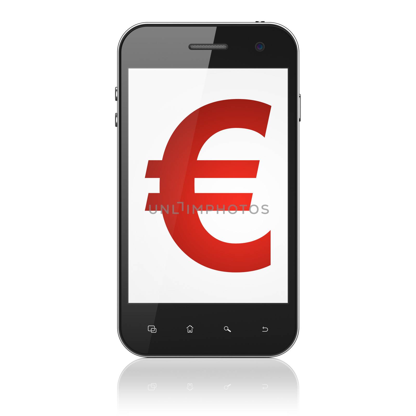 Currency concept: smartphone with Euro icon on display. Mobile smart phone on White background, cell phone 3d render