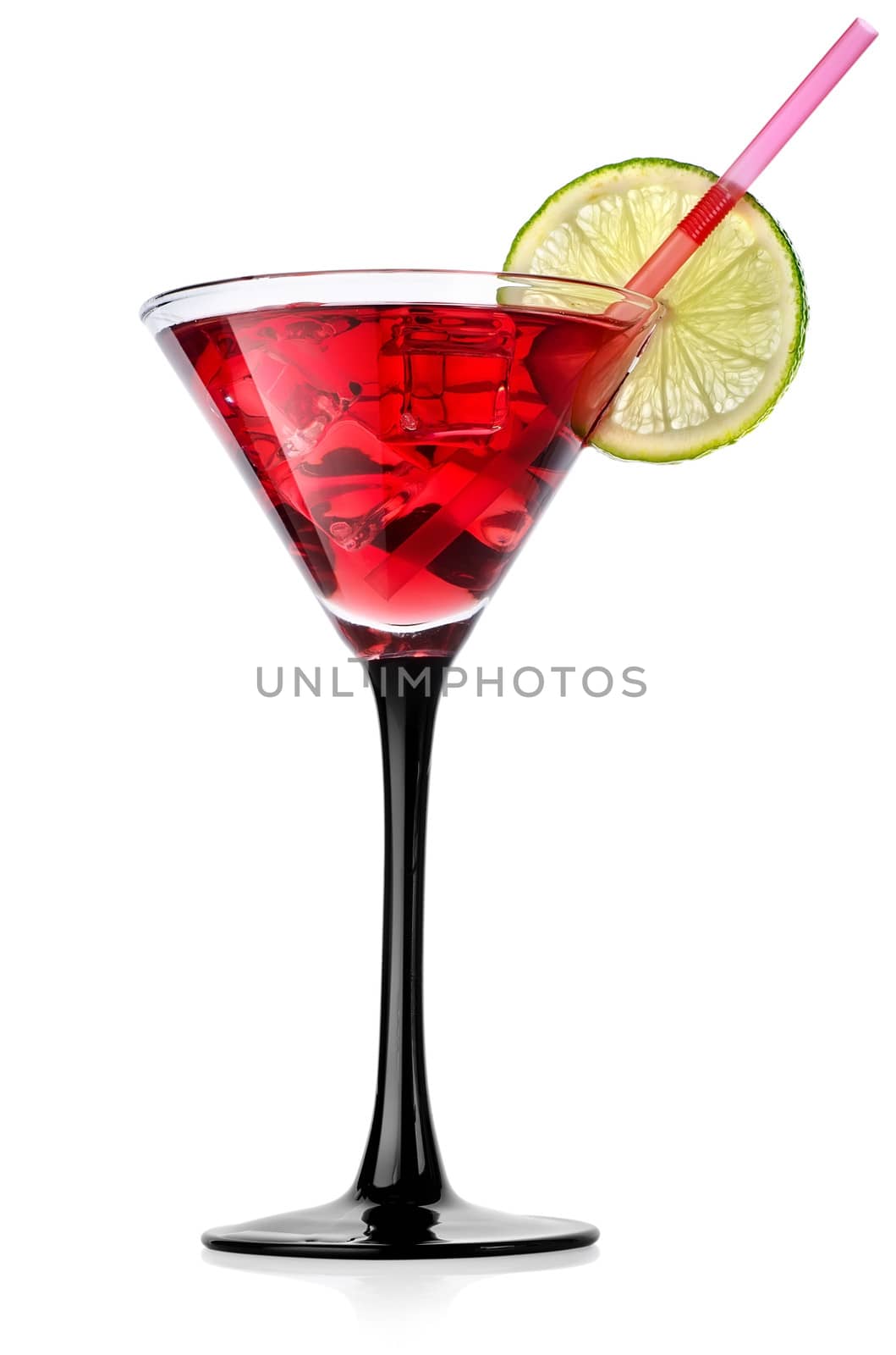 Red cocktail with lime isolated on white