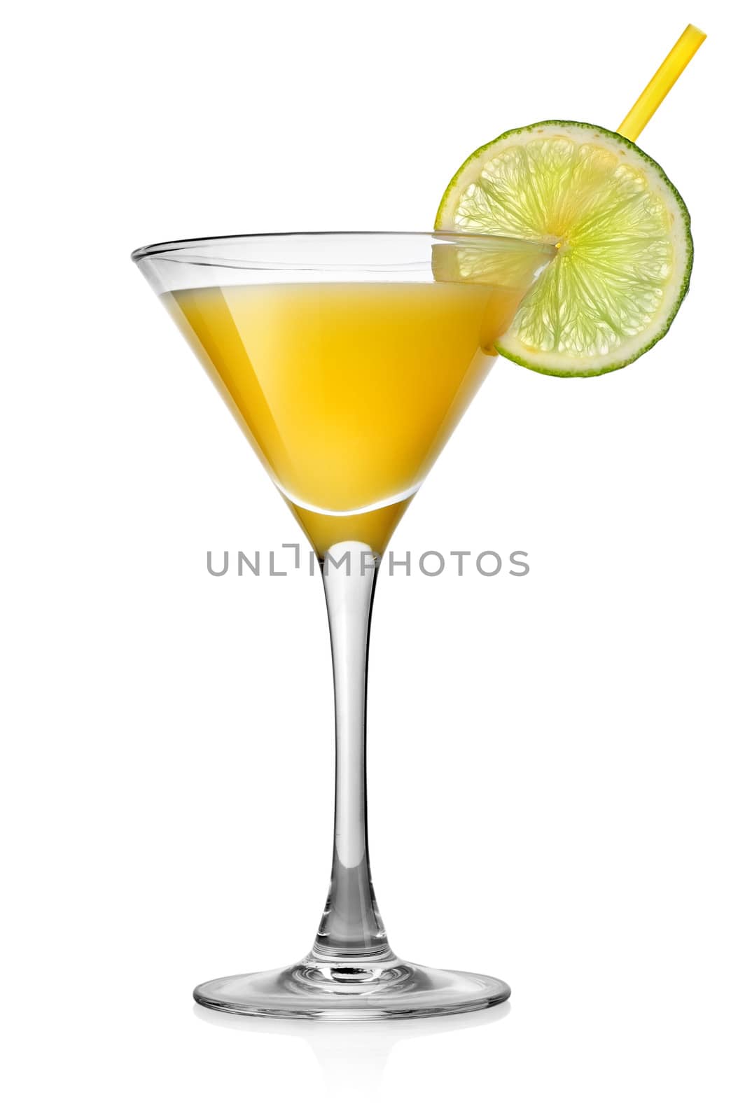 Yellow cocktail with lime isolated on white