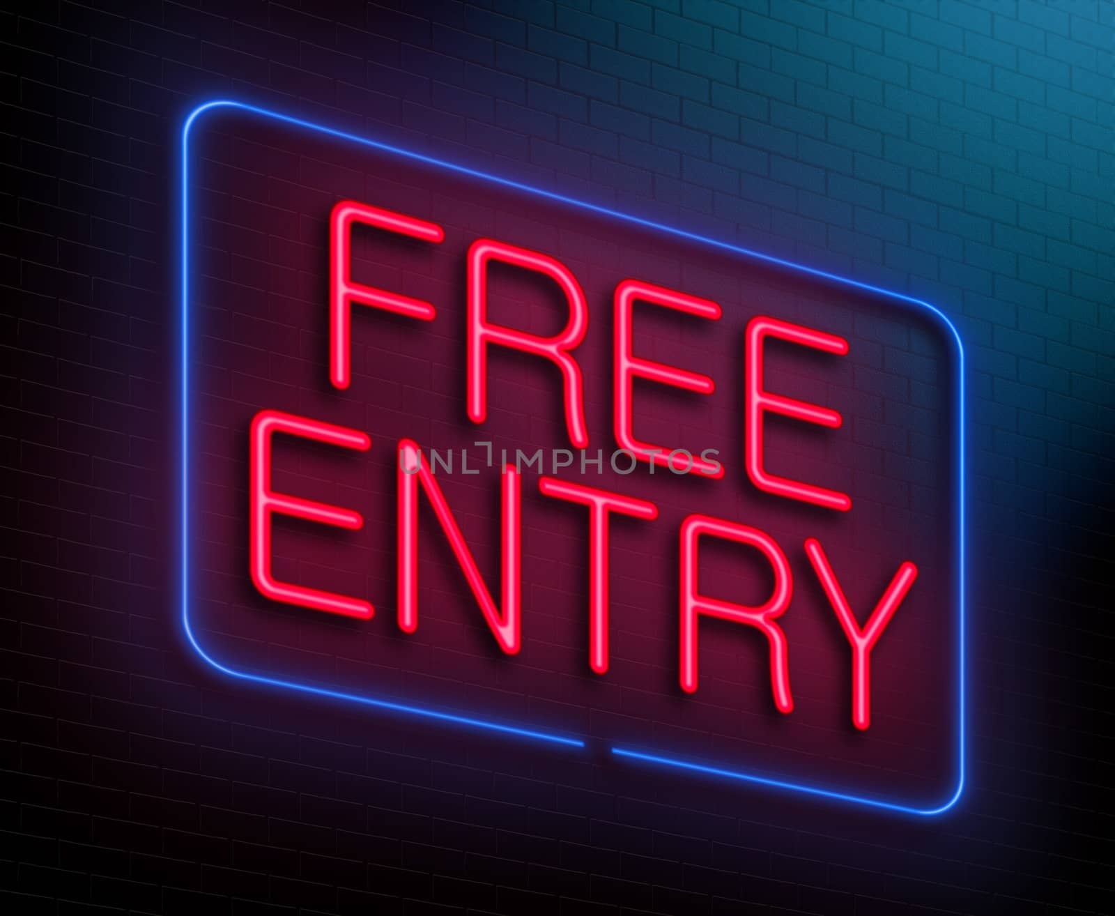 Illustration depicting an illuminated neon sign with a free entry concept.