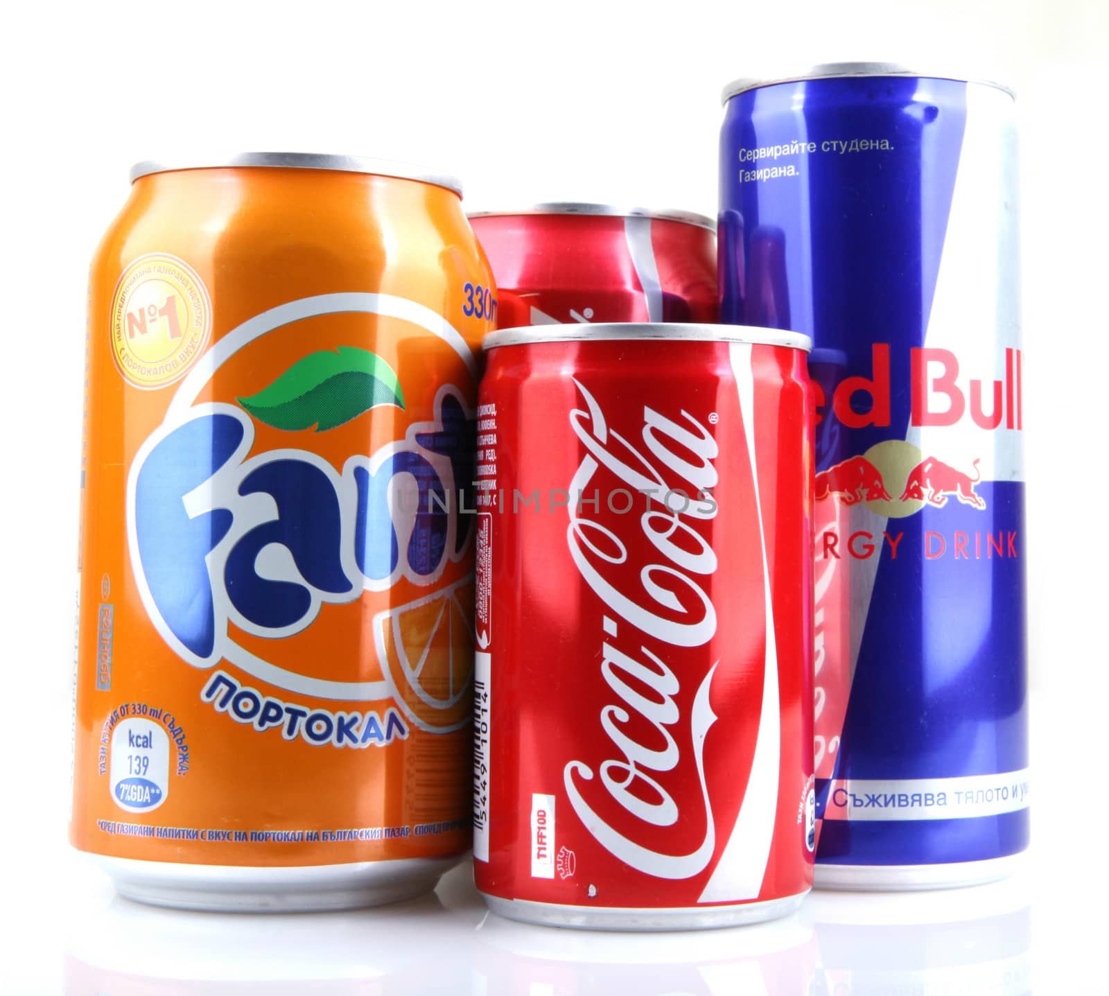 AYTOS, BULGARIA - JANUARY 23, 2014: Global brand of fruit-flavored carbonated soft drinks created by The Coca-Cola Company and Red Bull.