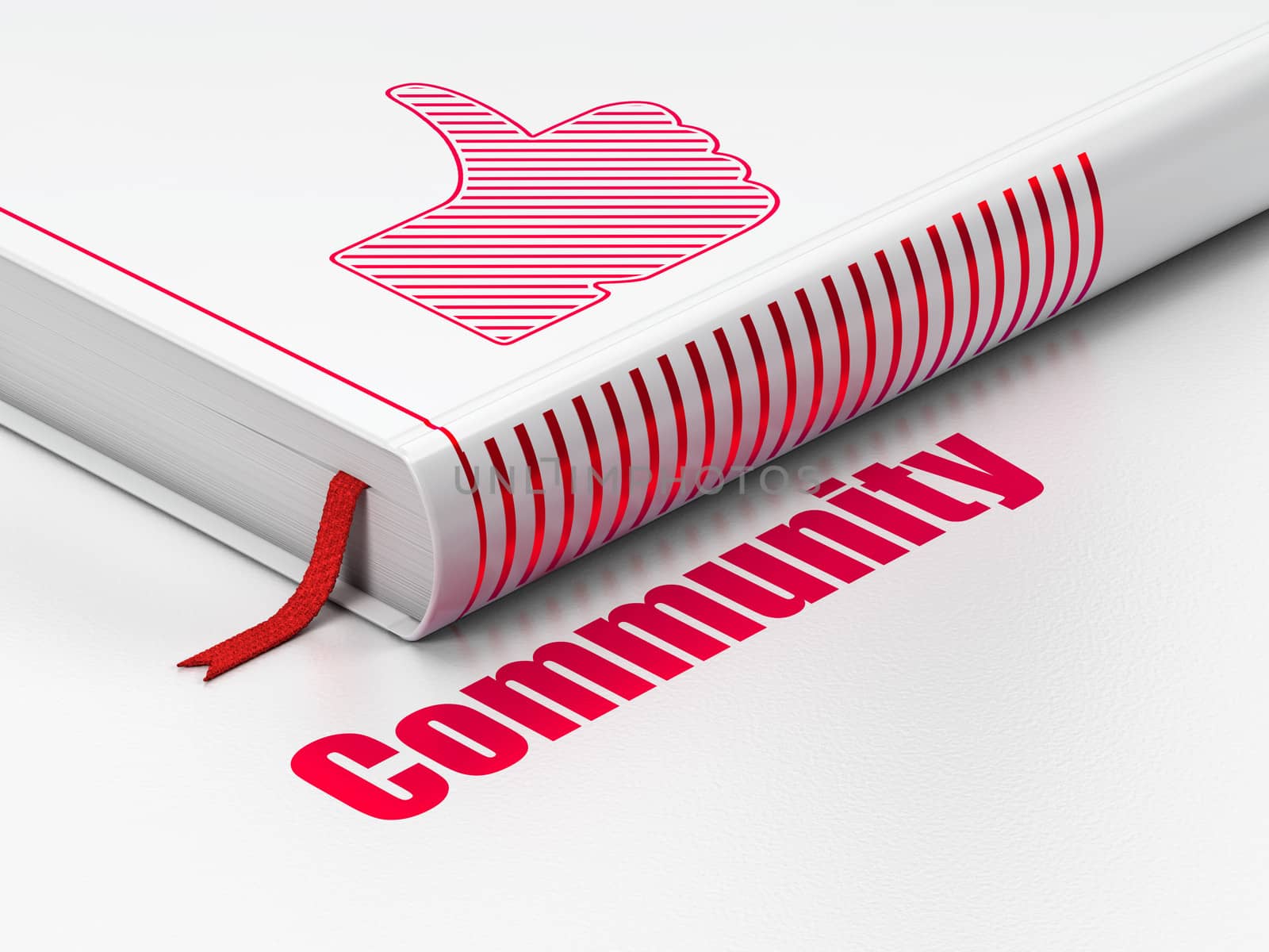 Social network concept: closed book with Red Thumb Up icon and text Community on floor, white background, 3d render