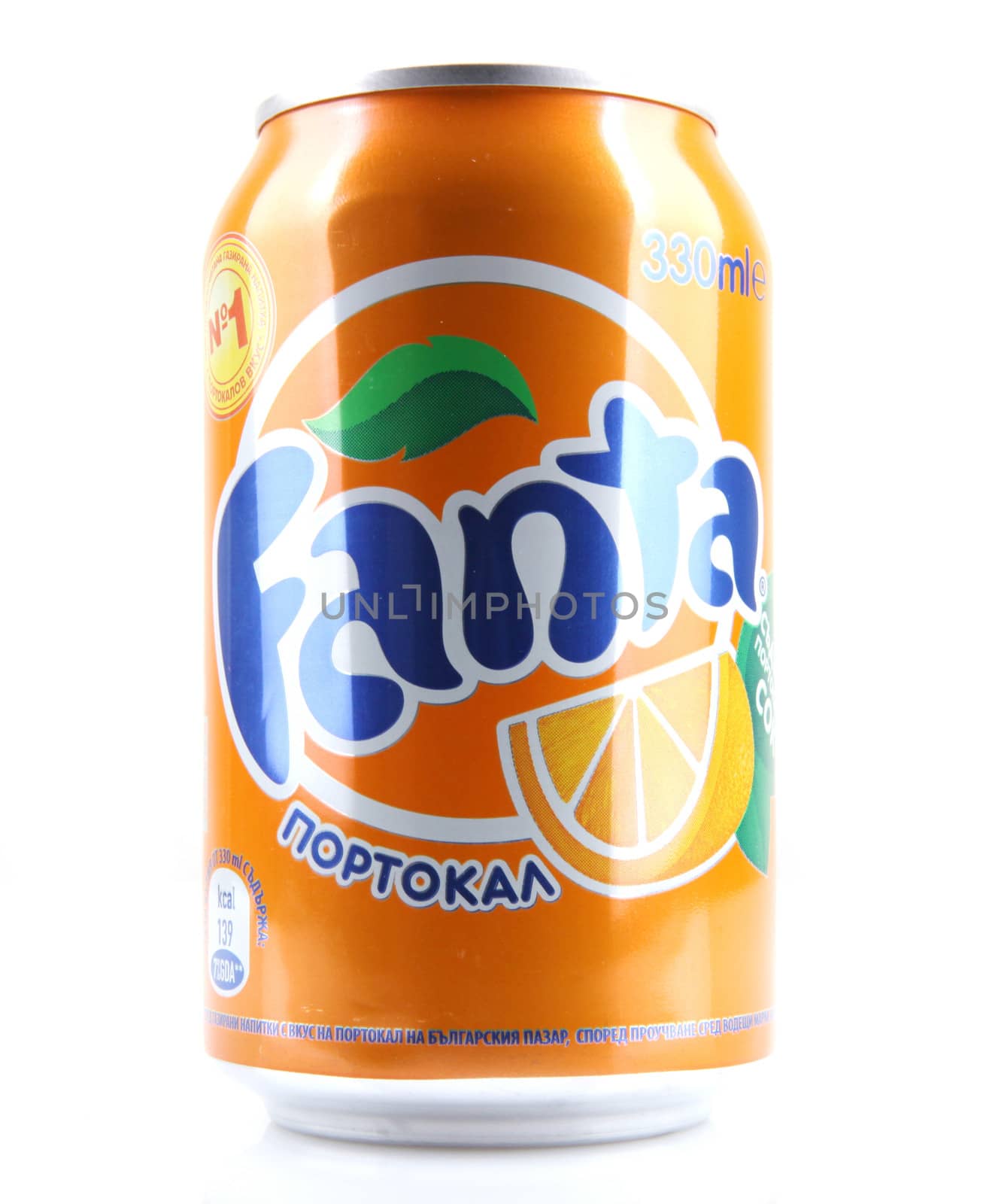 AYTOS, BULGARIA - JANUARY 23, 2014: Fanta bottle can isolated on white background. Fanta is a carbonated soft drink sold in stores, restaurants, and vending machines throughout the world.