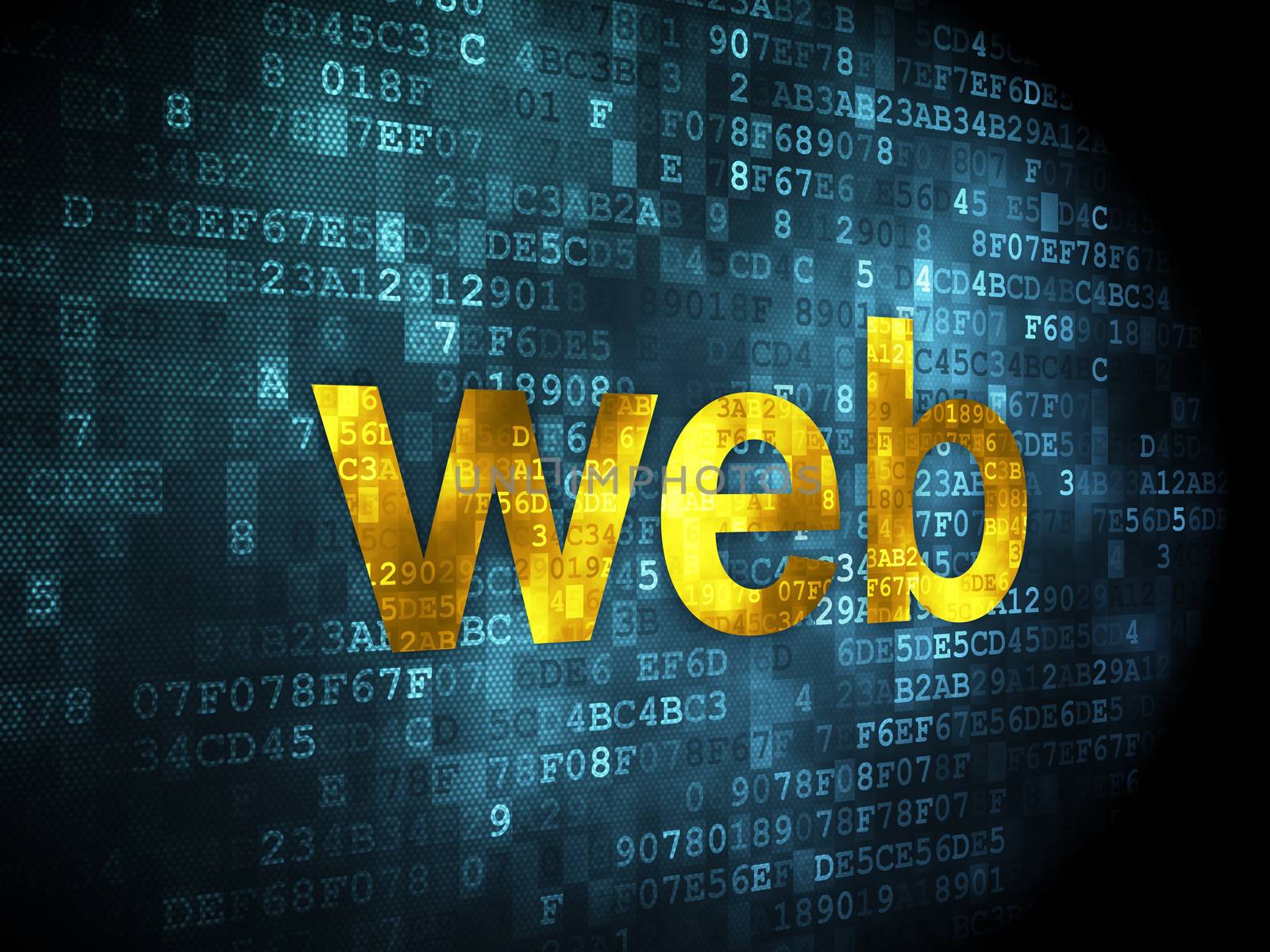 SEO web design concept: pixelated words Web on digital background, 3d render