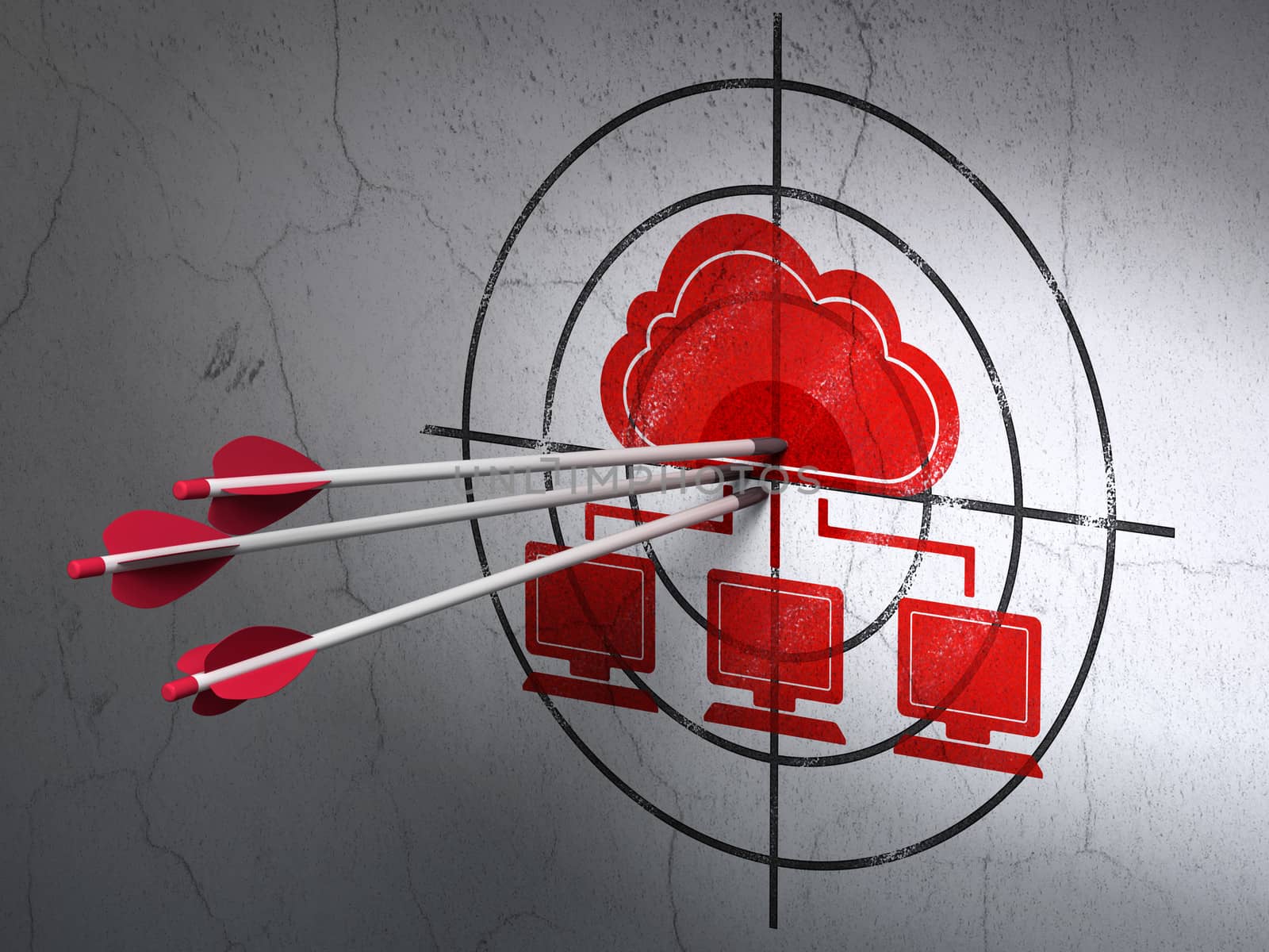 Success cloud computing concept: arrows hitting the center of Red Cloud Network target on wall background, 3d render
