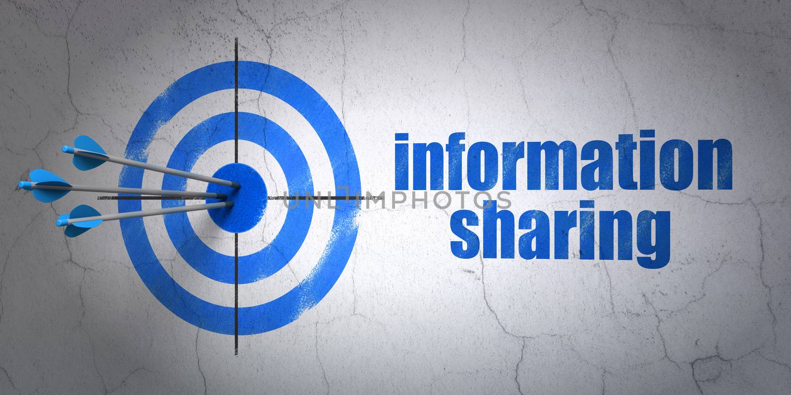 Success Information concept: arrows hitting the center of target, Blue Information Sharing on wall background, 3d render