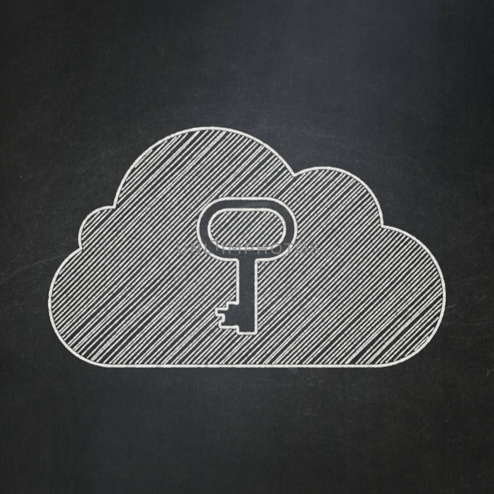 Cloud technology concept: Cloud With Key icon on Black chalkboard background, 3d render