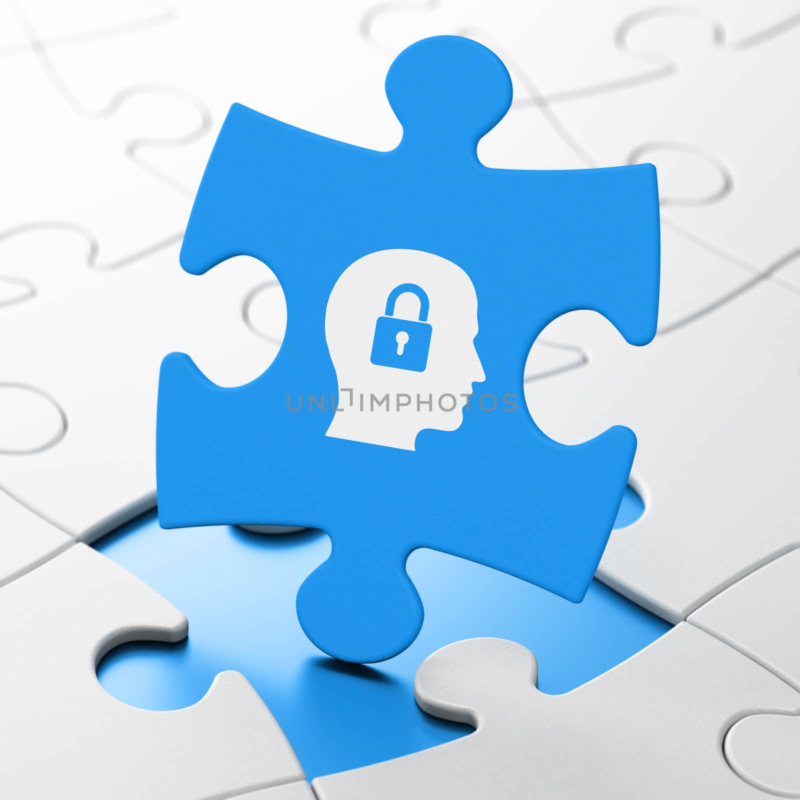 Finance concept: Head With Padlock on Blue puzzle pieces background, 3d render