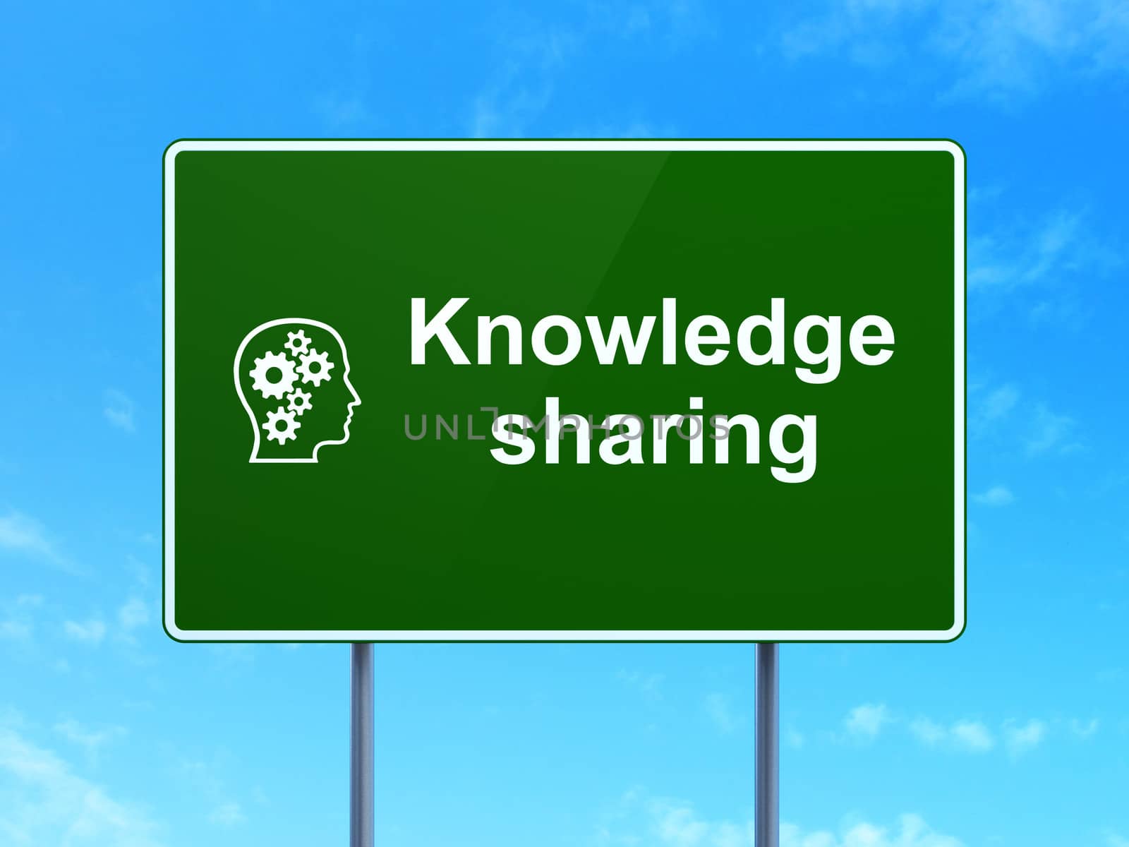 Education concept: Knowledge Sharing and Head With Gears icon on green road (highway) sign, clear blue sky background, 3d render