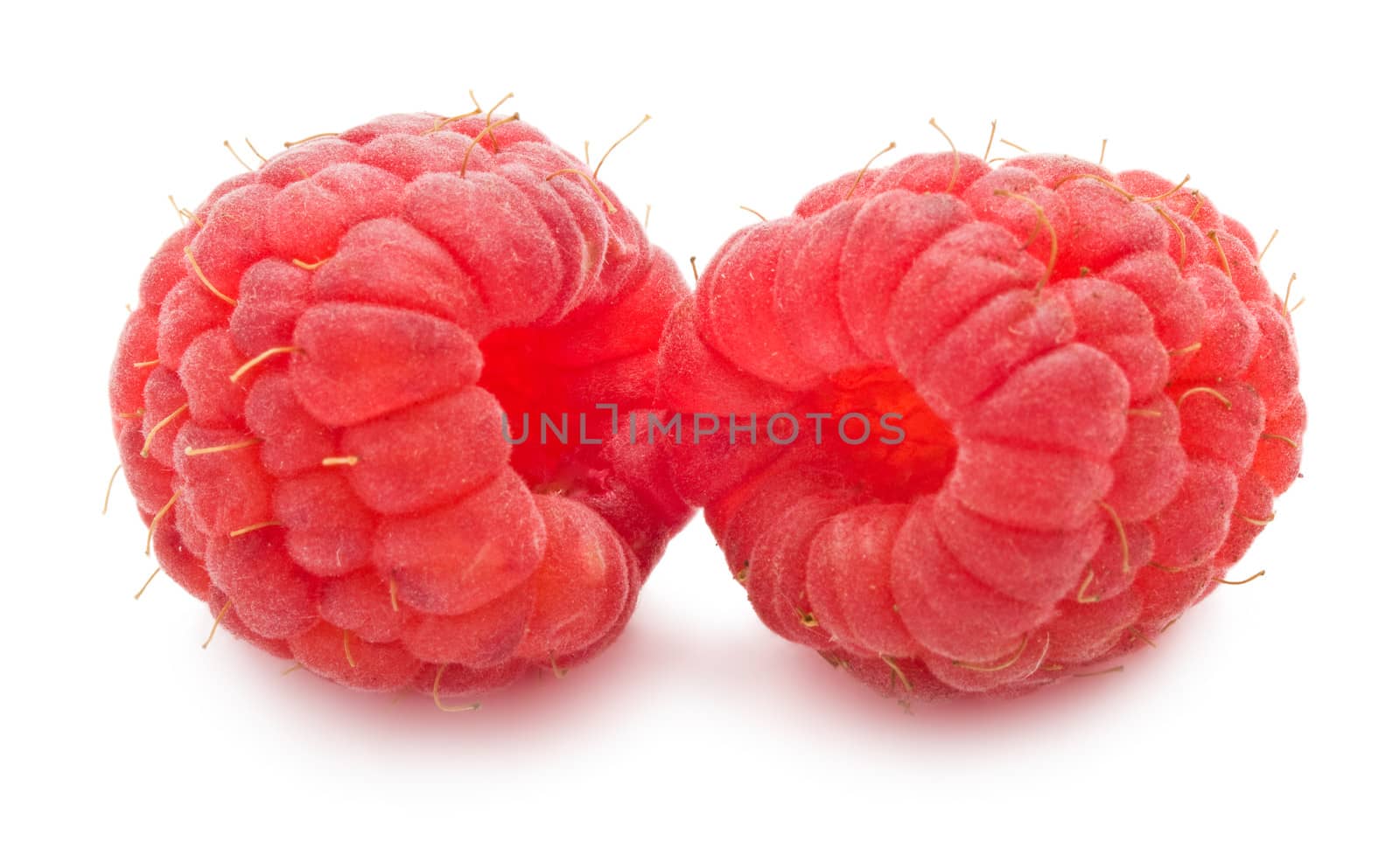 Ripe red raspberries isolated on white background