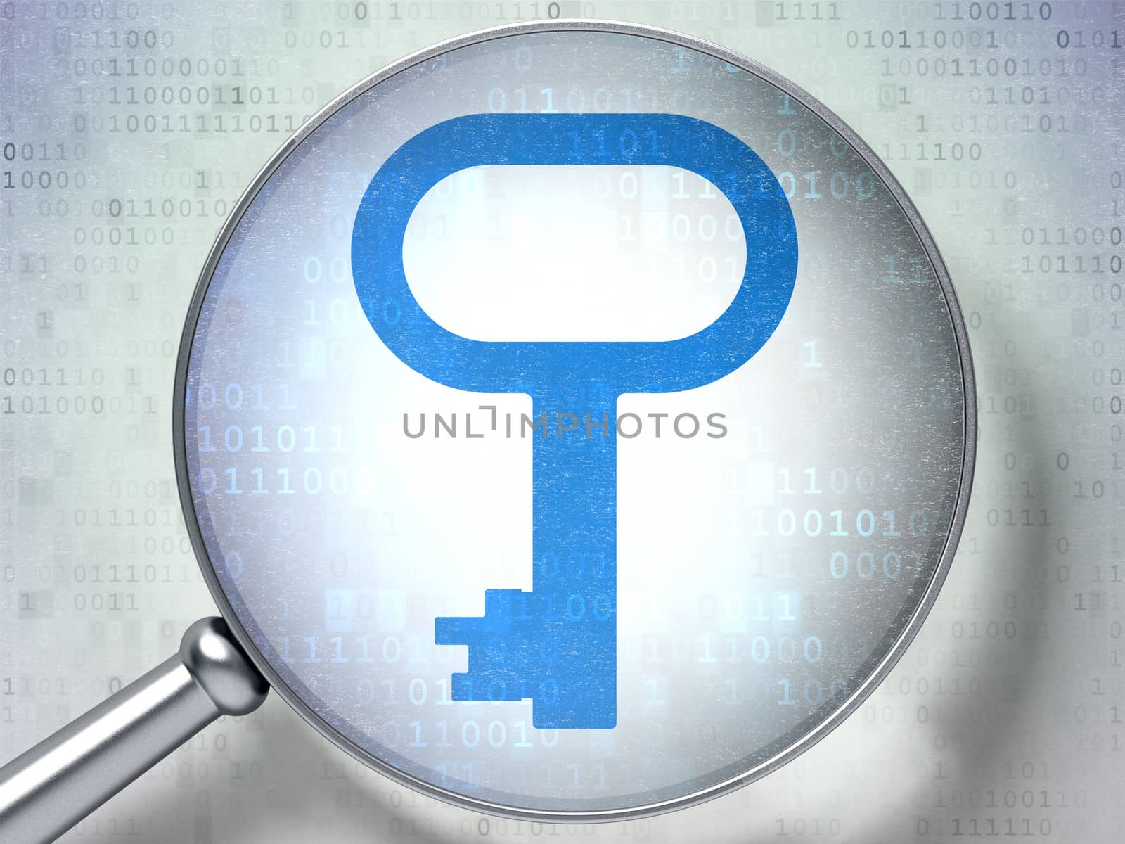 Protection concept: magnifying optical glass with Key icon on digital background, 3d render