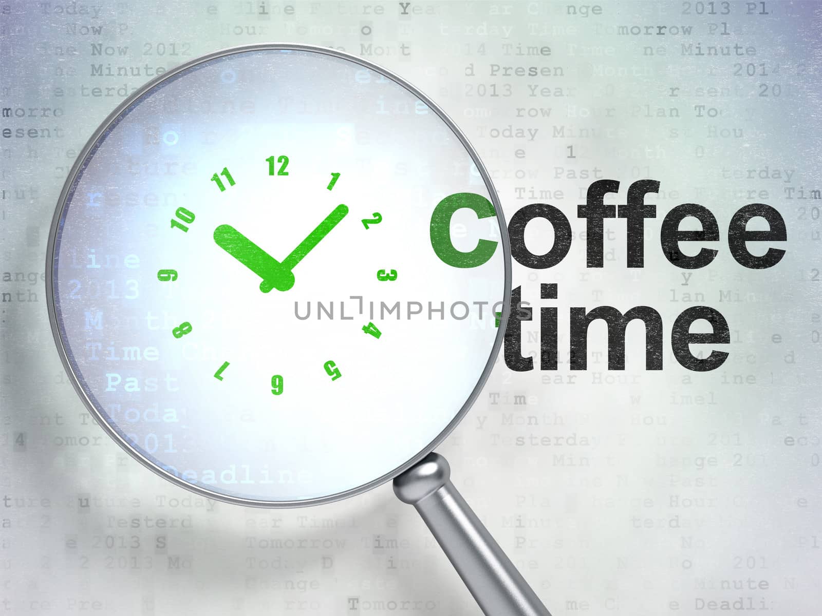 Time concept: magnifying optical glass with Clock icon and Coffee Time word on digital background, 3d render