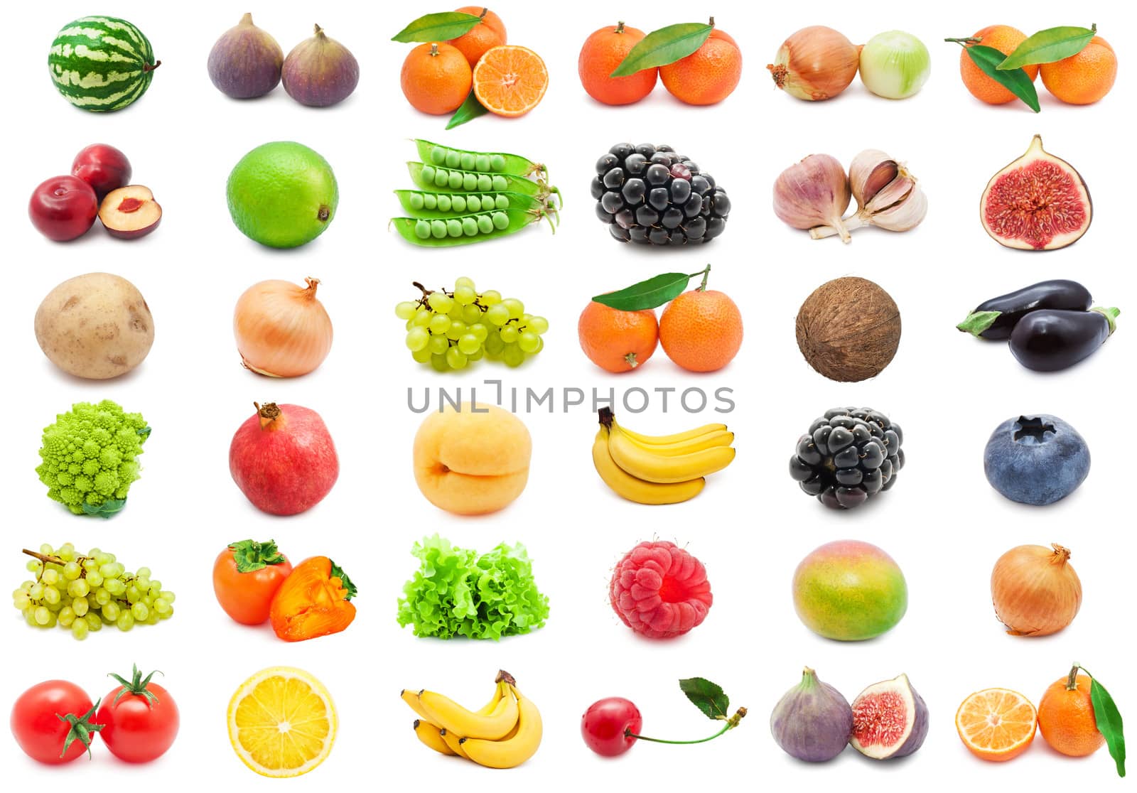 Collection of various fruits and vegetables isolated on white background