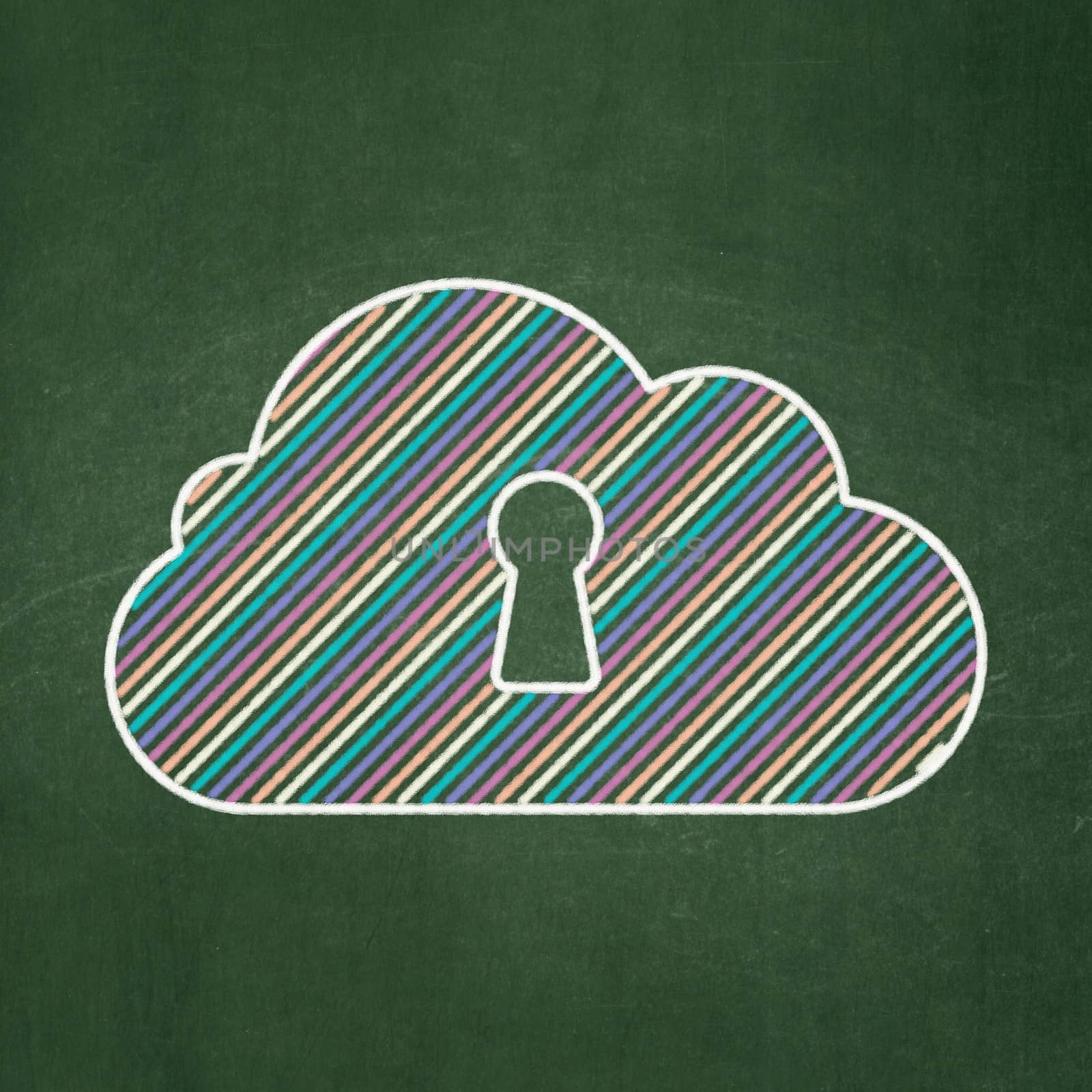 Cloud networking concept: Cloud With Keyhole icon on Green chalkboard background, 3d render